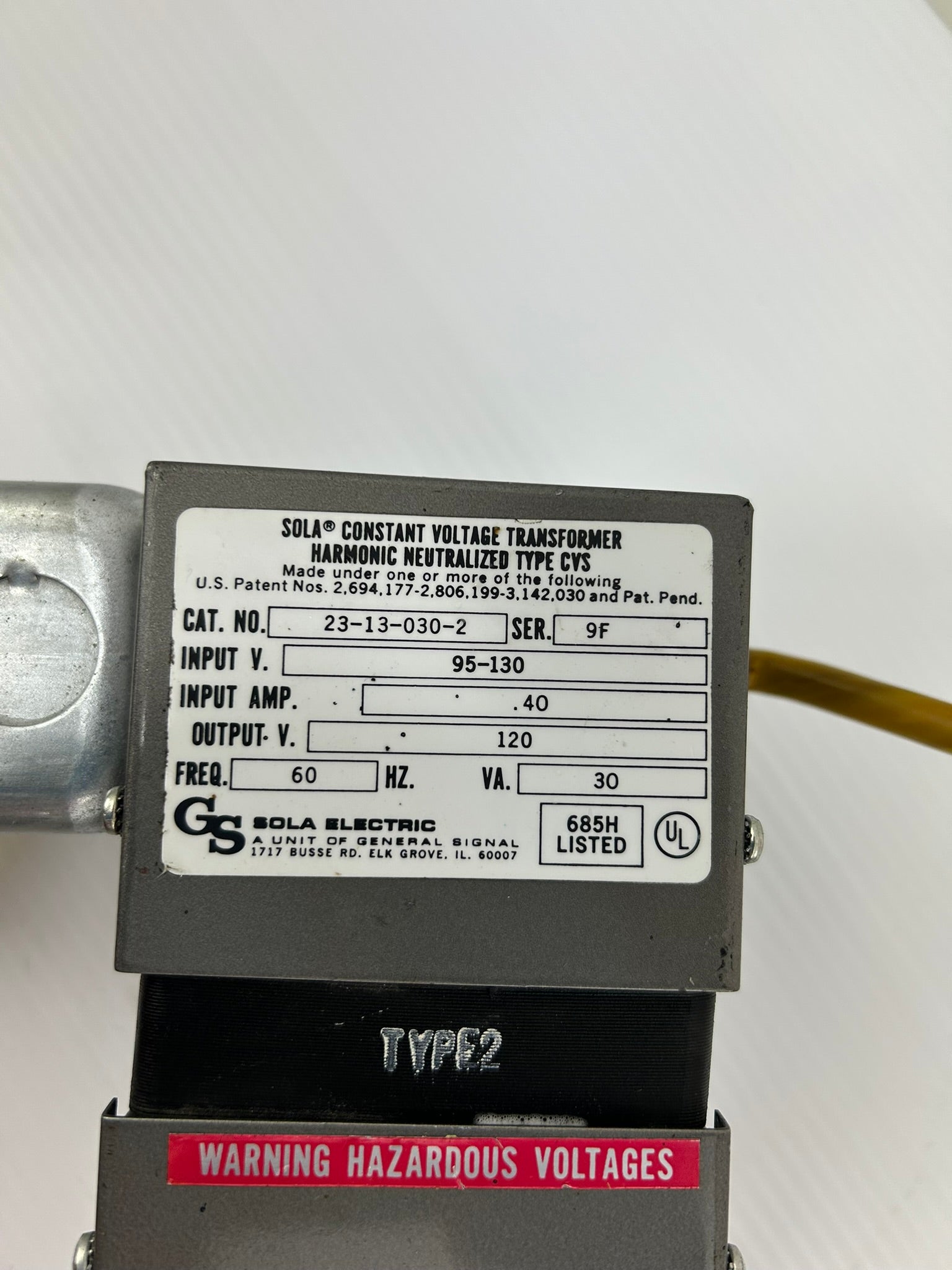 Sola 23-13-030-2 Constant Voltage Transformer 30VA Series 9F 60 Hz