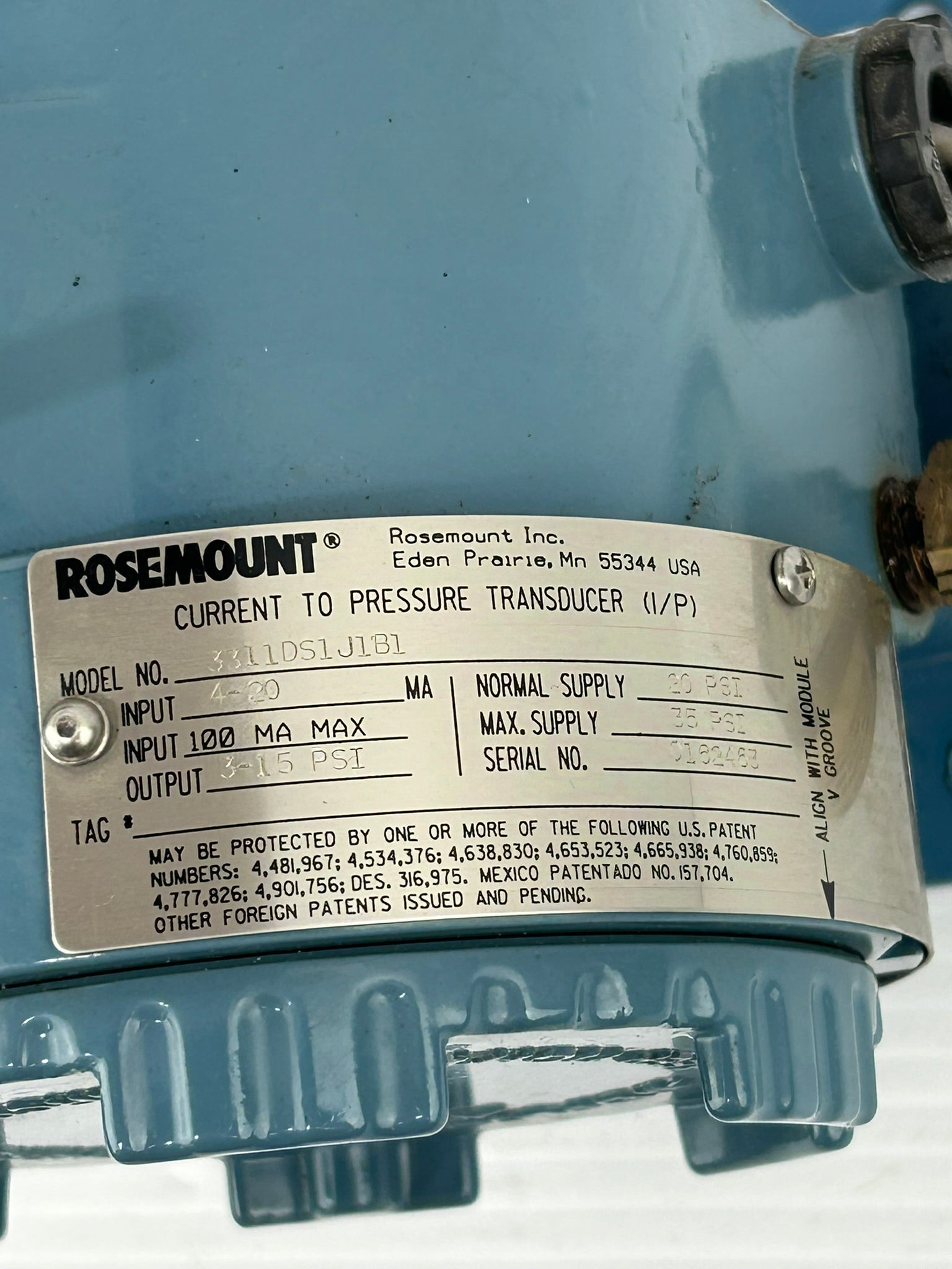 Rosemount 3311DS1J1B1 Pressure Transducer with Pressure Side Gauge 0-60 PSI