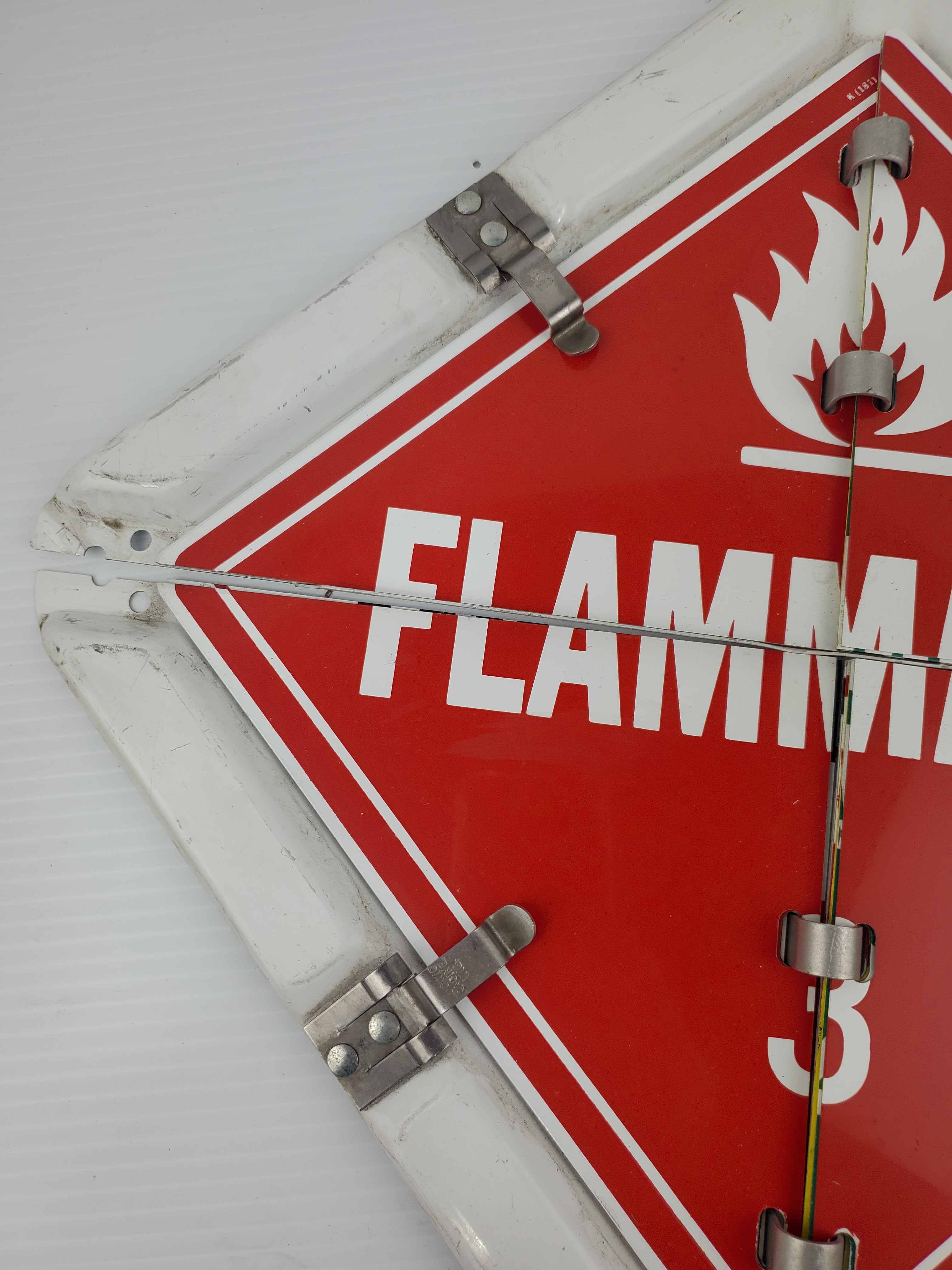 Metal Flammable 3 RED Semi Truck Trailer Sign White Base 2 Piece - Lot of 2 Sign