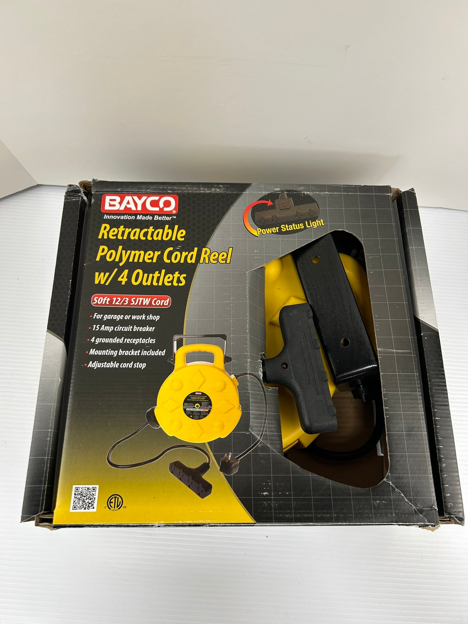 Bayco Retractable Polymer Cord Reel with 4 Outlets 50 Foot 12/3 SJTW Cord
