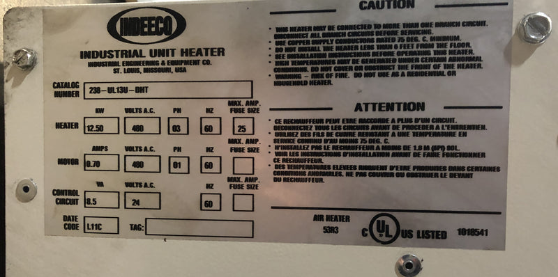 Indeeco 238-UL13U-DHT Industrial Unit Heater: 480V 25A 3PH 60Hz Motor: 480V 70A