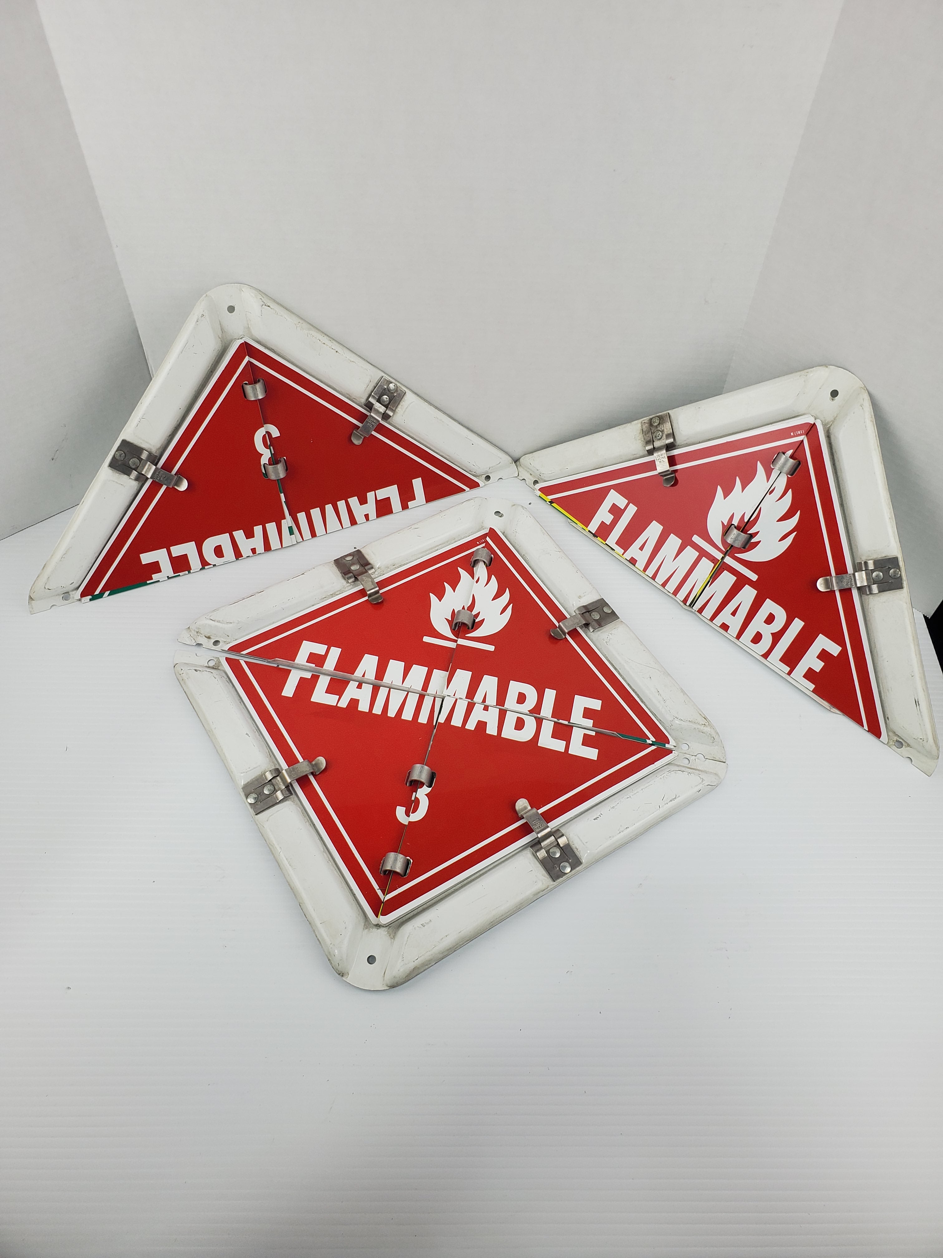Metal Flammable 3 RED Semi Truck Trailer Sign White Base 2 Piece - Lot of 2 Sign
