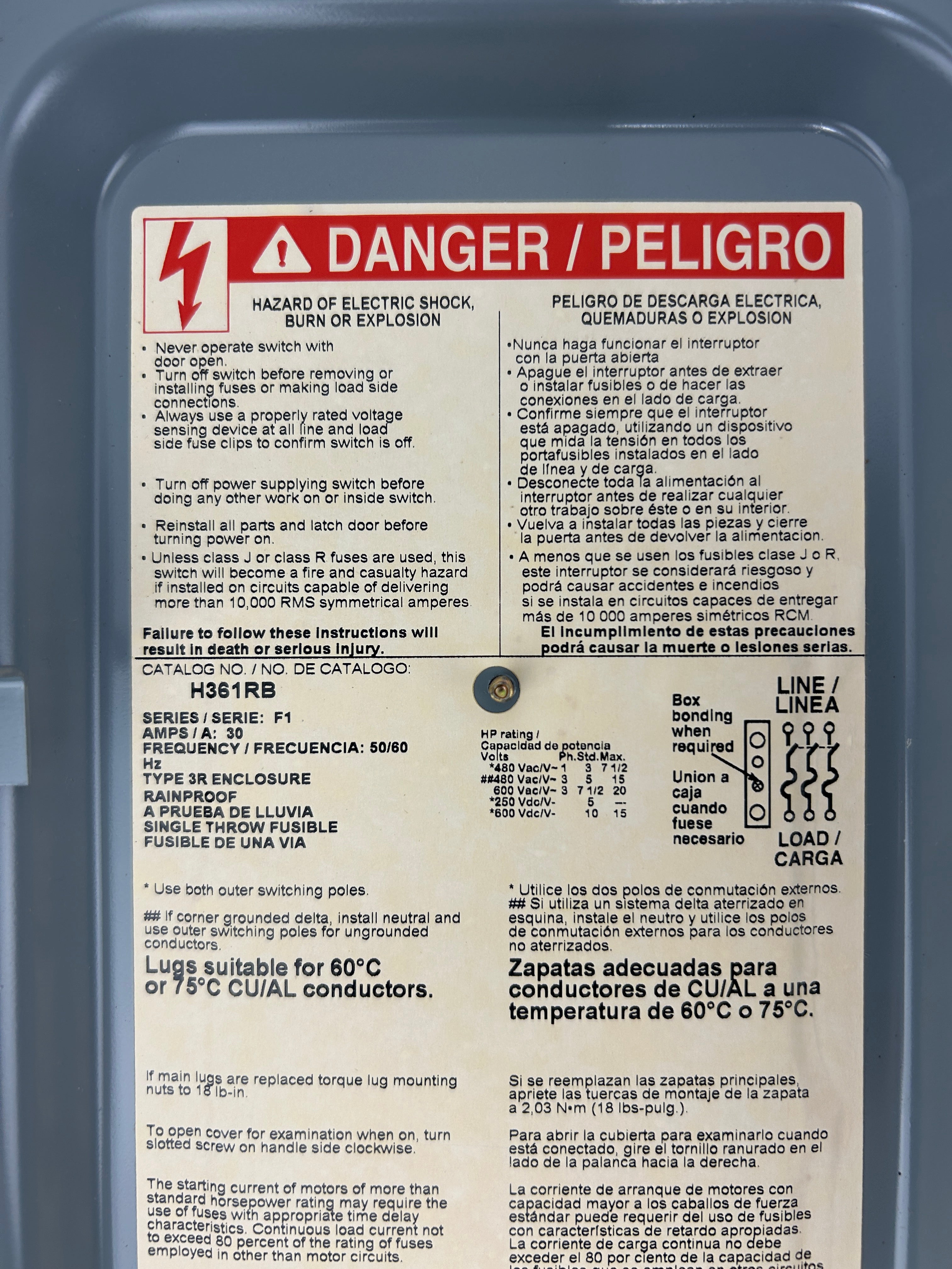 Square D H361RB Heavy Duty Safety Switch Enclosure 30A Series F1 Type 3R