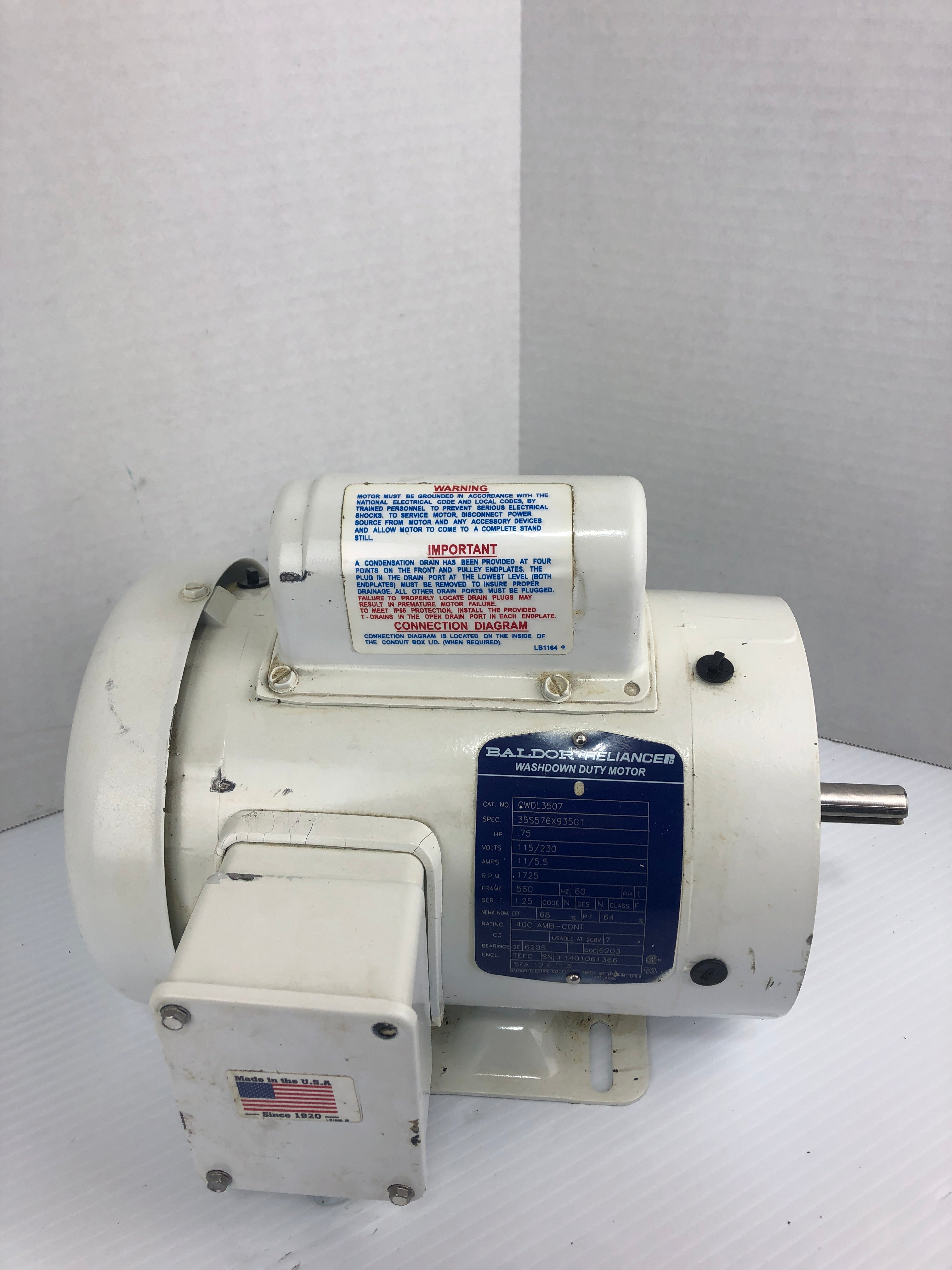 Baldor Reliance CWDL3507 Washdown Duty Motor 0.75HP 1725 RPM 1PH