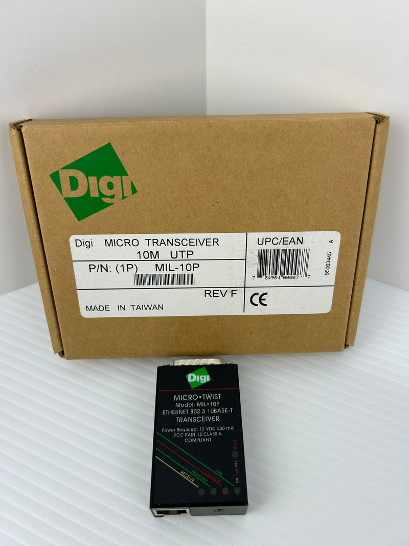 Digi MIL-10P Micro Twist Ethernet Transceiver 802.3 10BASE-T Class A 12VDC 200mA