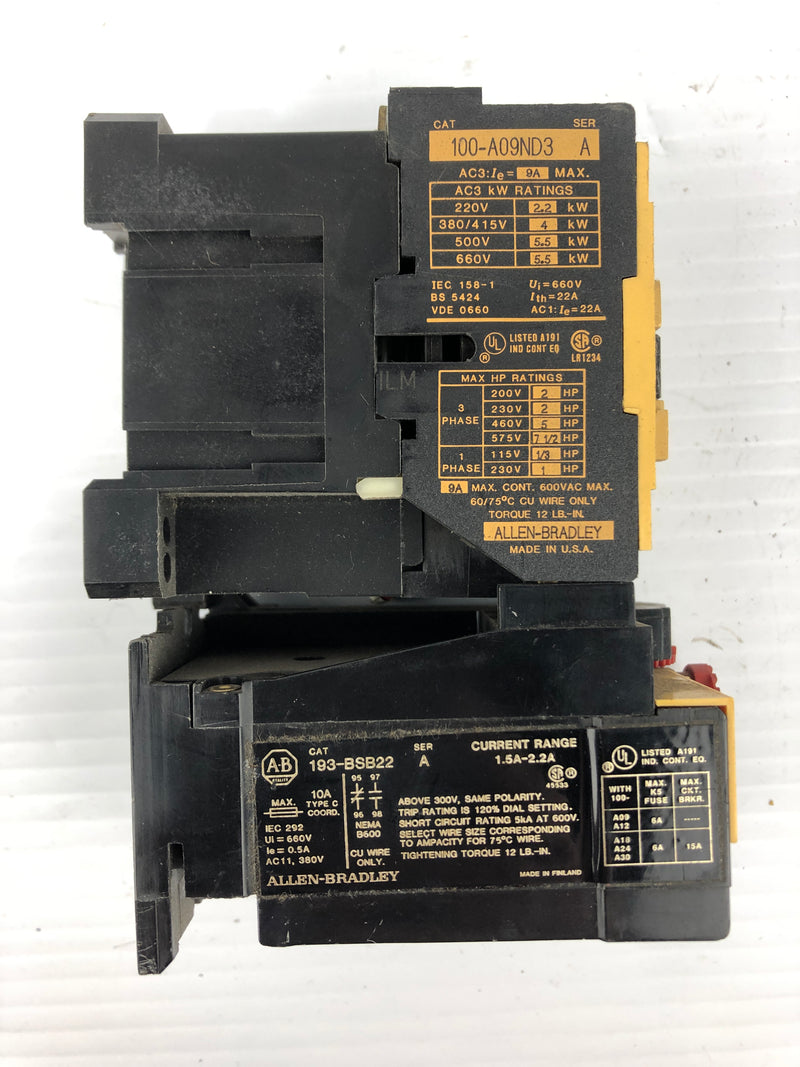 Allen-Bradley 100-A09ND3 Electrical Contactor with 193-BSB22 Overload Relay