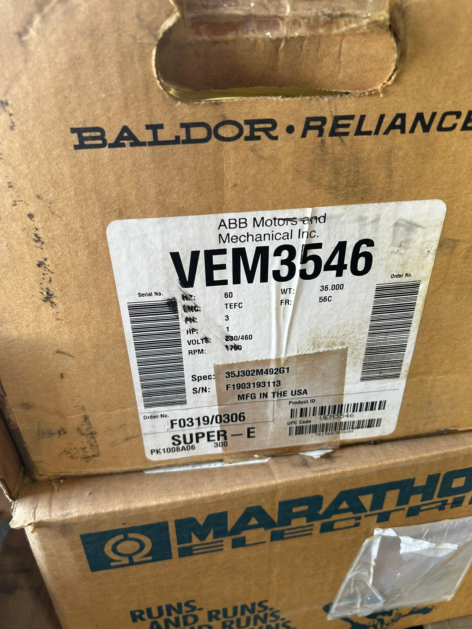 Baldor Reliance VEM3546 Electric Motor 1 HP 1760 RPM 230/460V 3 Phase 56C TEFC