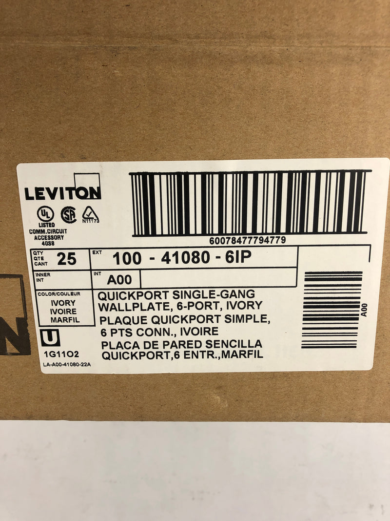 Leviton 100-41080-6IP Ivory Single Gang Wall Port 6P - Box of 25