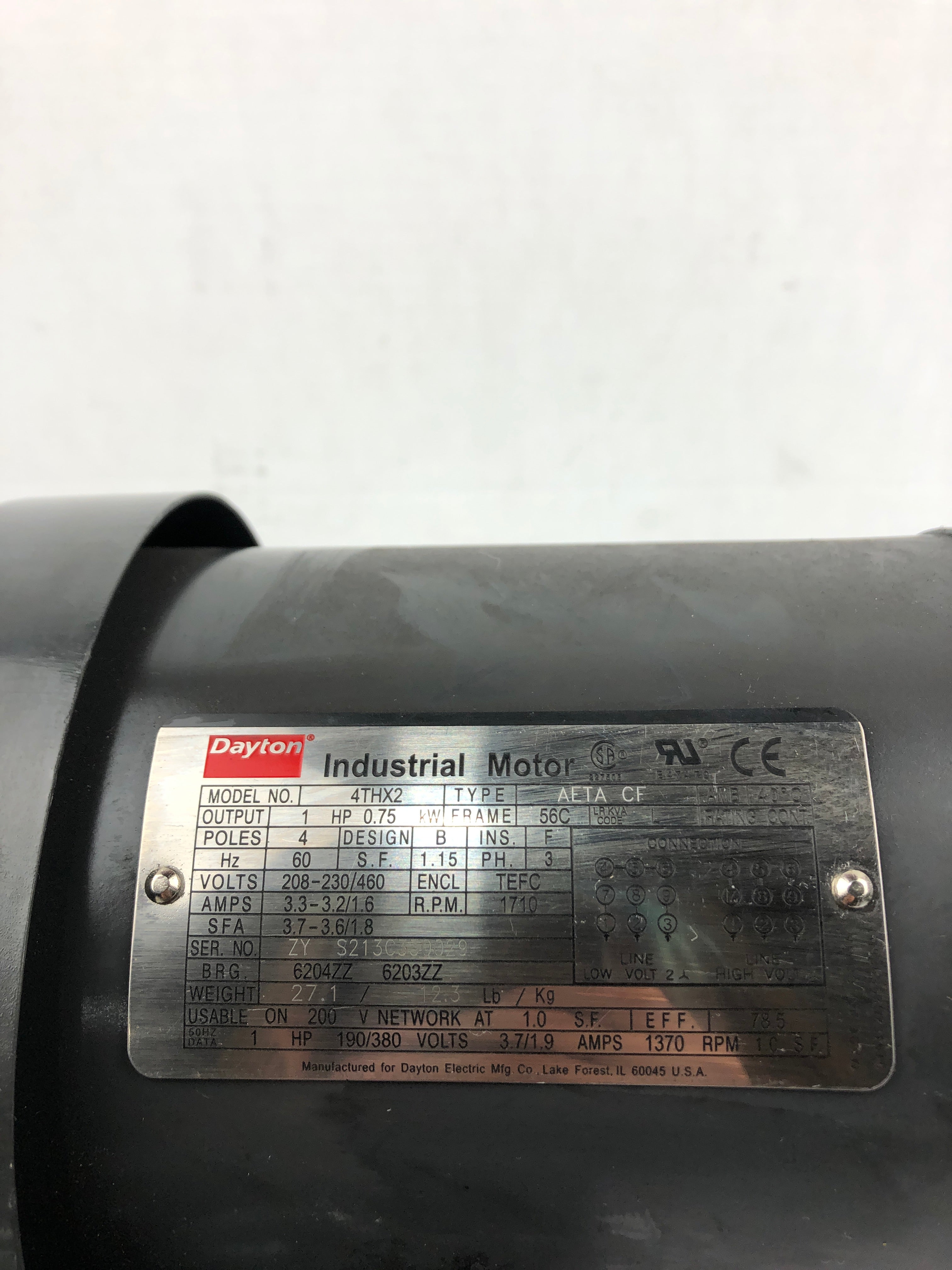 Dayton 4THX2 Industrial Motor AETA CF 56C 1710 RPM 1HP / 0.75kW 3PH
