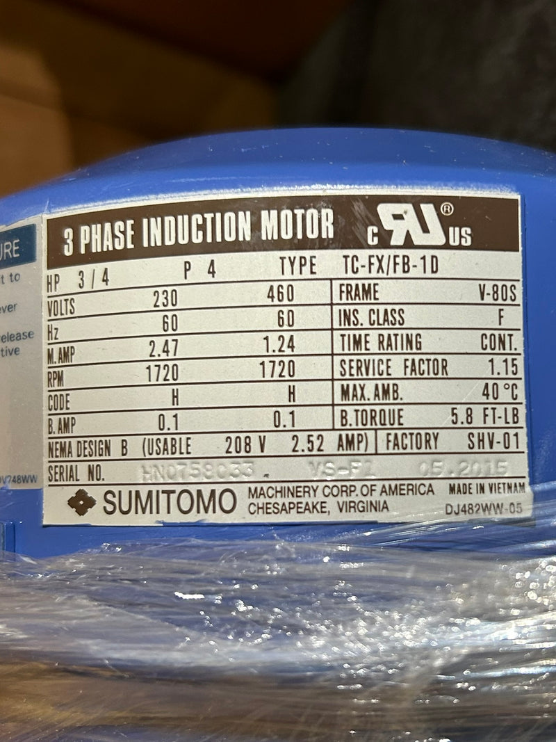 Sumitomo CNHM08-6105YA-B-59 Induction Motor 3/4HP 1720RPM 3PH TC-FX/FB-1D