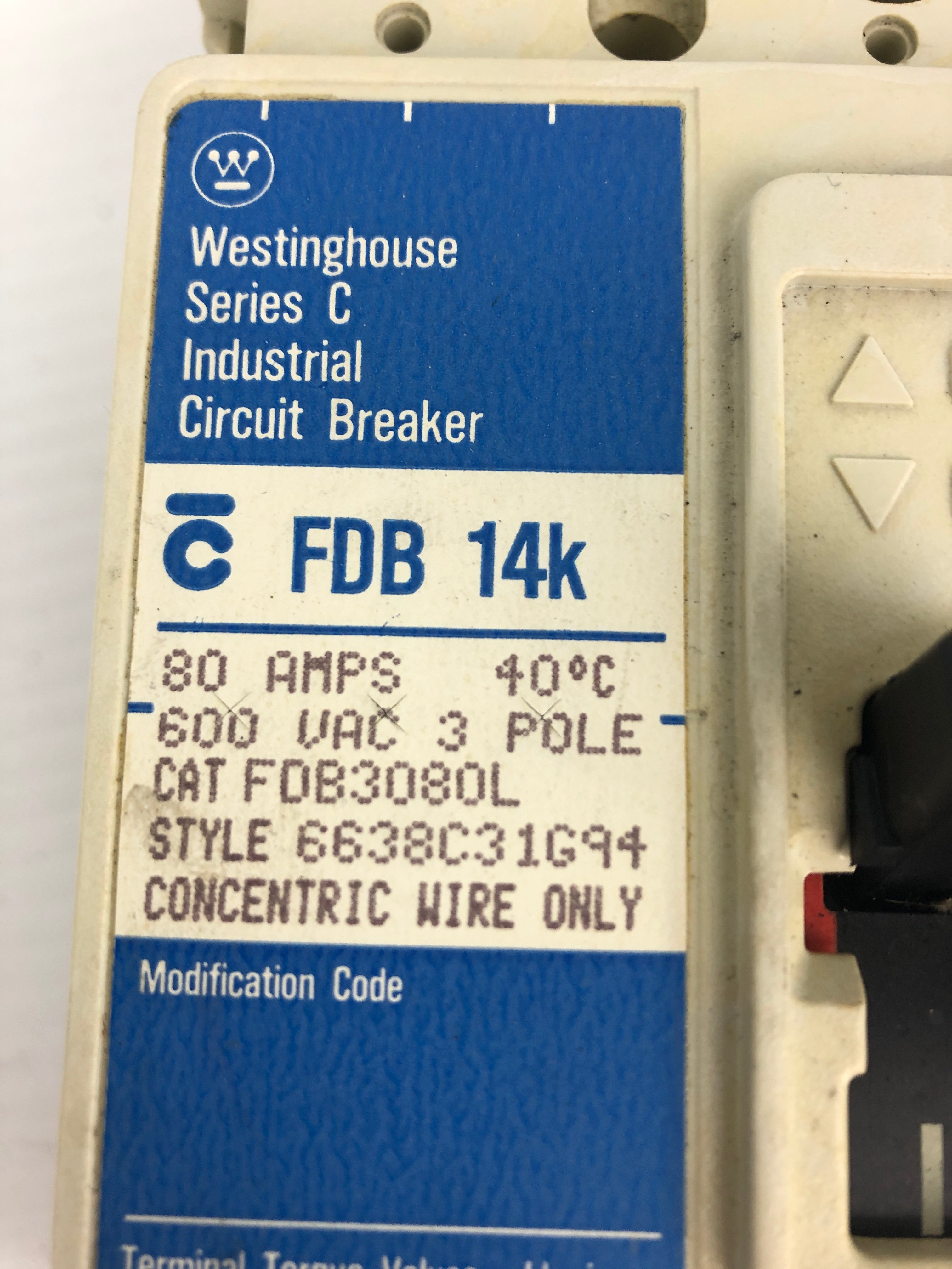 Westinghouse FDB 14K Industrial Circuit Breaker Series C 80A 600VAC 3P FDB3080L