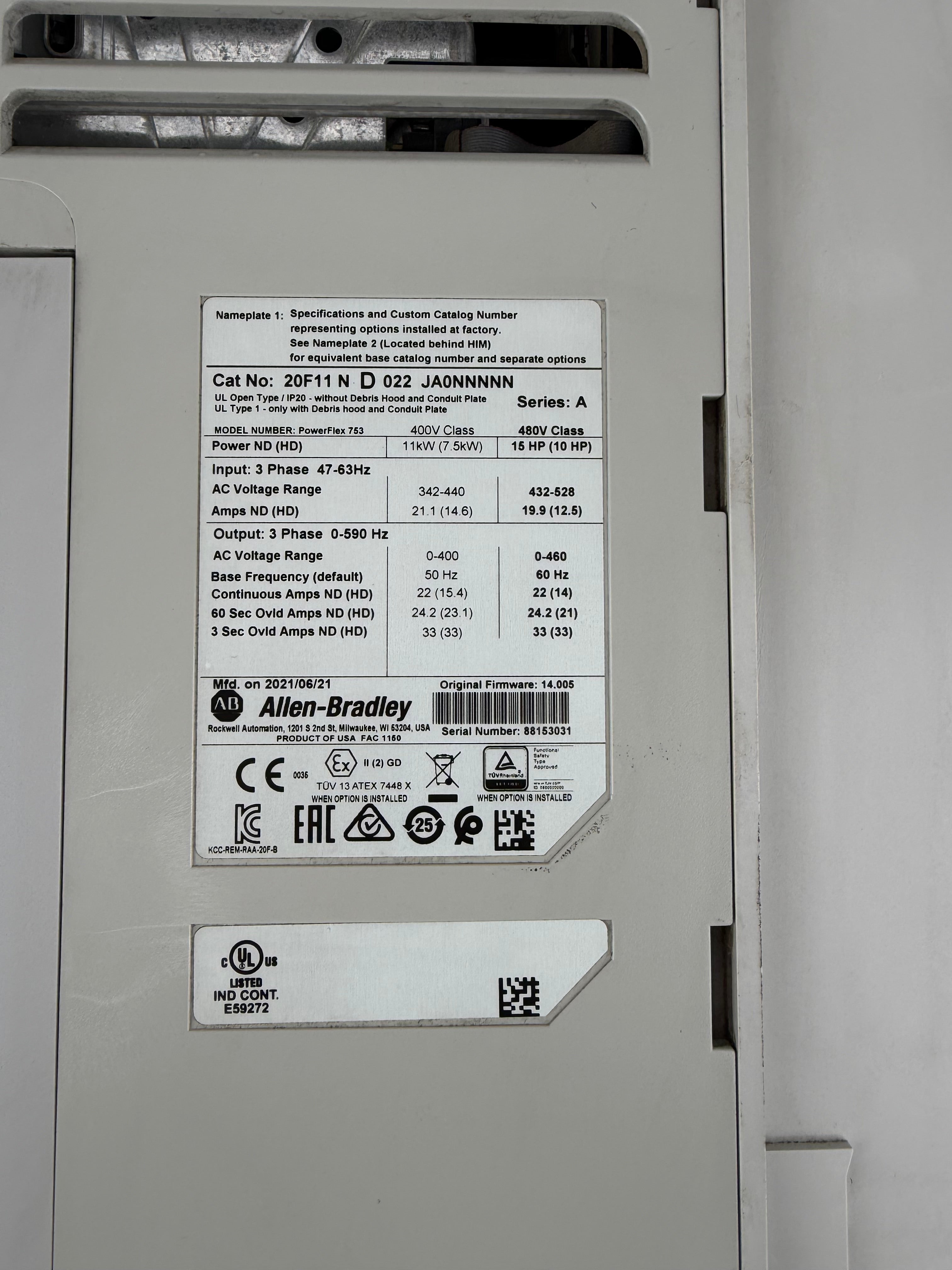 Allen Bradley PowerFlex 753 AC Drive 20F11ND022JA0NNNNN 15 HP