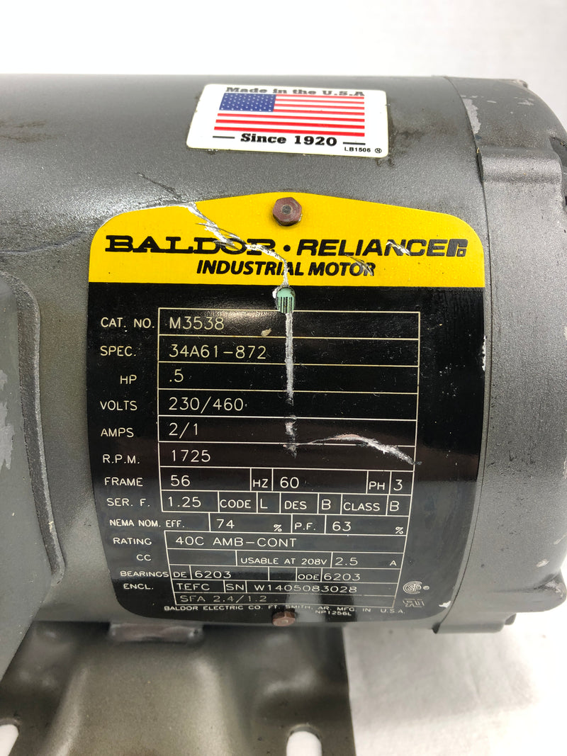 Baldor Reliance M3538 Industrial Motor .5HP 1725 RPM 3PH 56 Frame