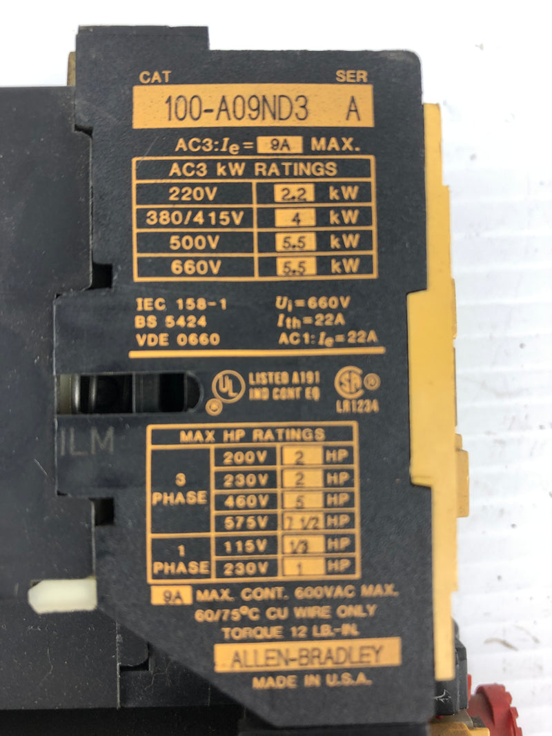 Allen-Bradley 100-A09ND3 Electrical Contactor with 193-BSB22 Overload Relay