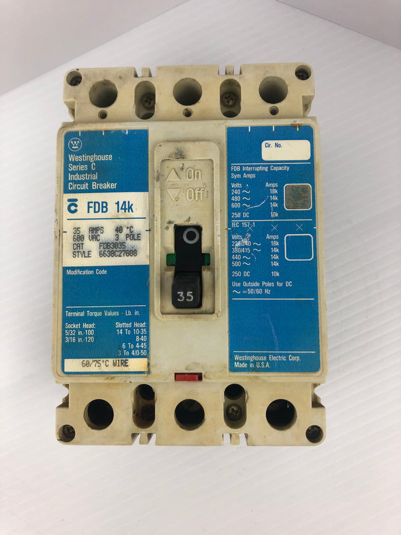 Westinghouse FDB 14K Industrial Circuit Breaker Ser. C 600VAC 35A 3P 50/60Hz