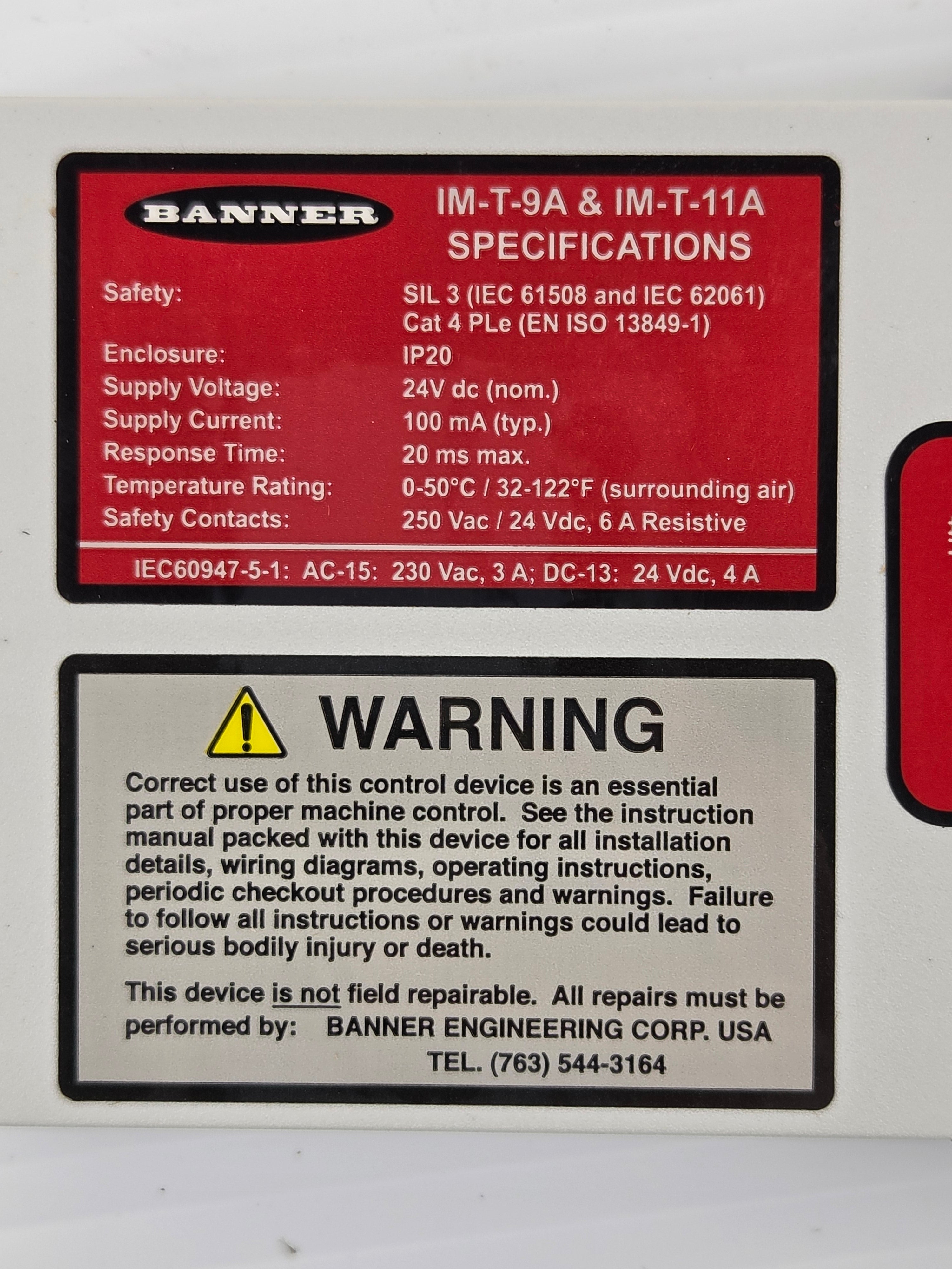 Banner IM-T-9A Interface Module Safety Relay 24VDC 3NO DIN Rail