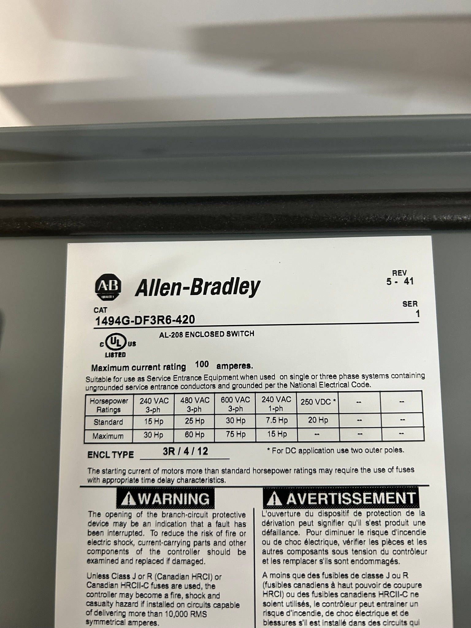 Allen-Bradley 1494G-DF3R6-420 Rockwell Automation Enclosed Switch AL-208 Ser 1