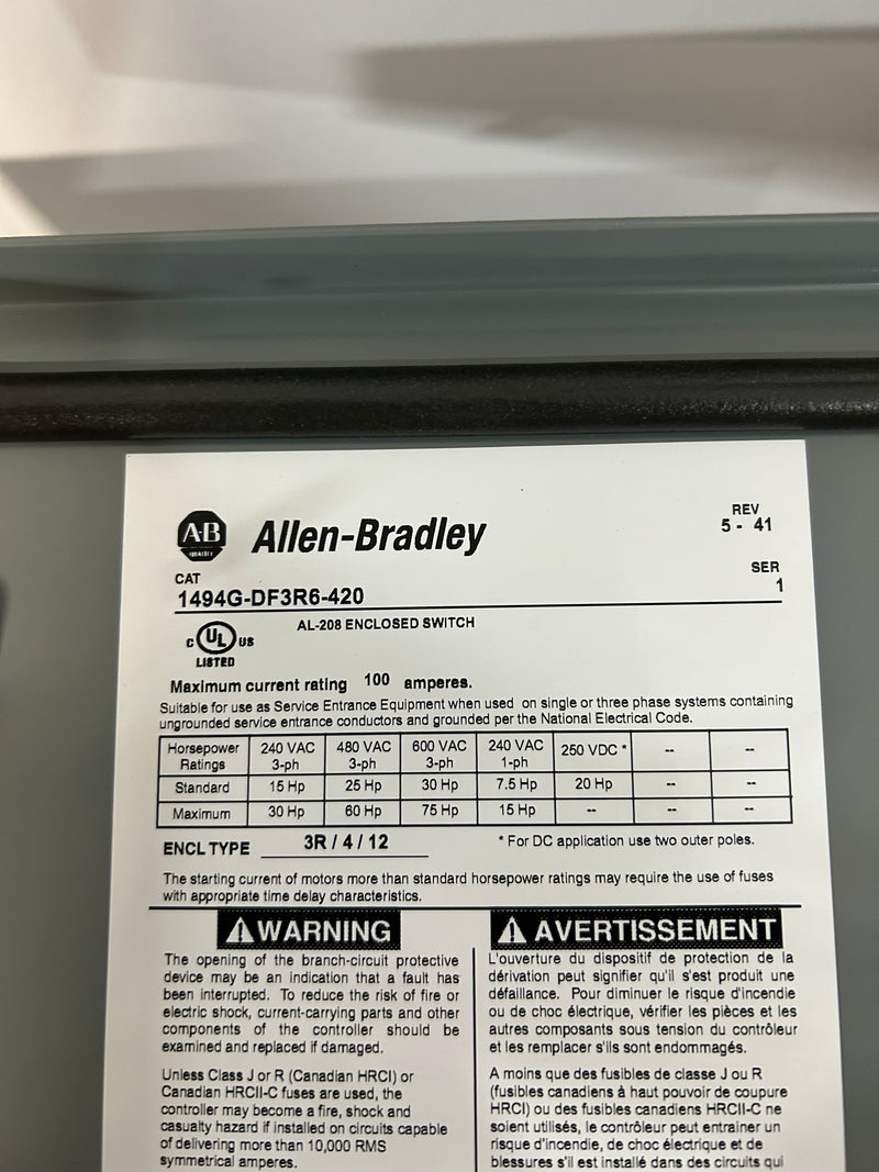 Allen-Bradley 1494G-DF3R6-420 Rockwell Automation Enclosed Switch AL-208 Ser 1