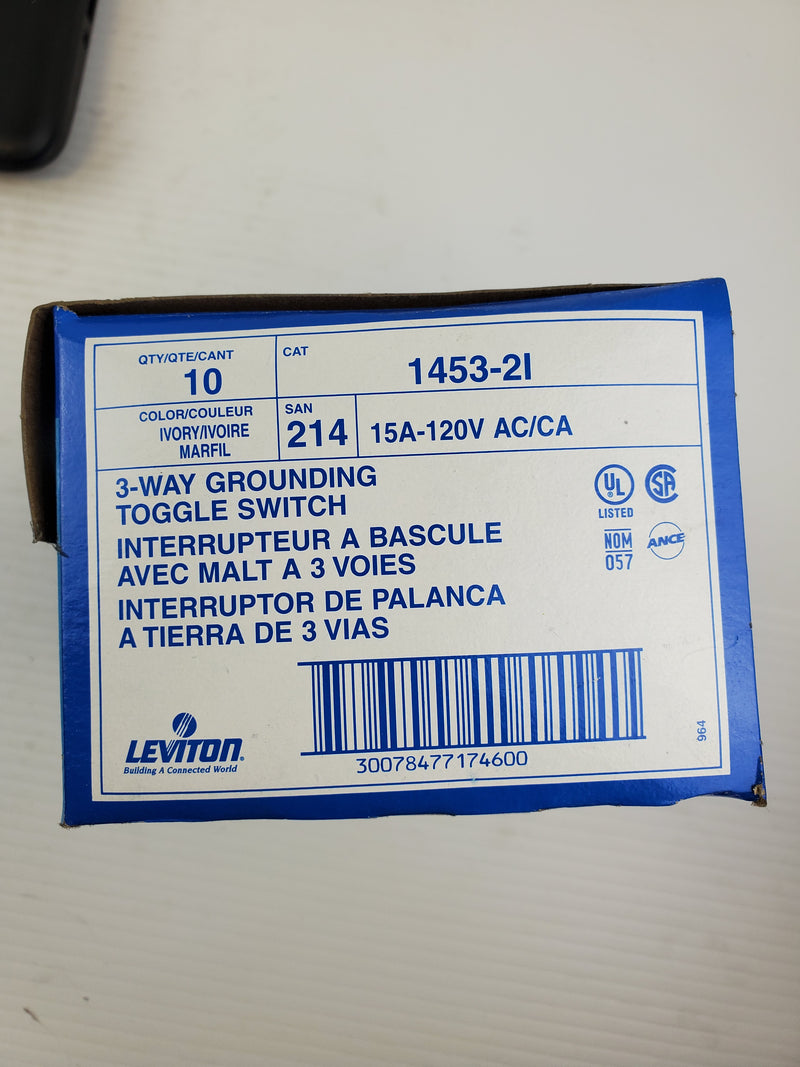 Leviton 1453-2I Ivory 3 Way Grounding Toggle Switch 15A-120V AC/CA (Box of 10)