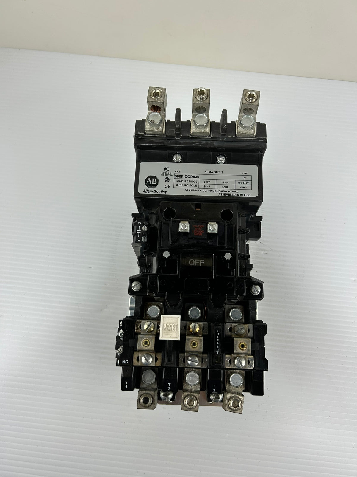 Allen-Bradley 500F-DOD930 NEMA Size 3 Contactor 90A 600V 110-120V Coil Overload