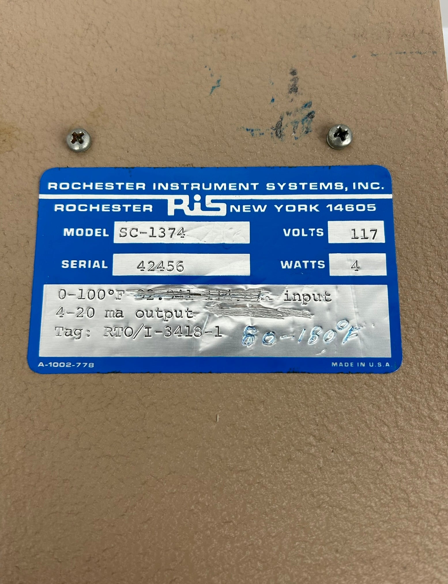 RIS SC-1374 Transmitter 117V 4W 0-100°F 4-20mA