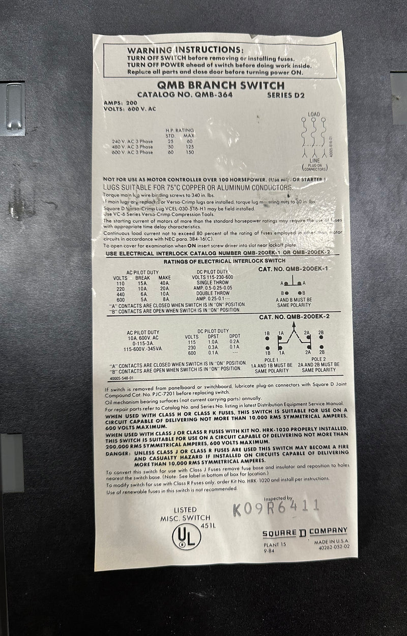 Square D QMB-364 Panelboard Switch with Fuses 200 Amps 3 Pole 600 VAC