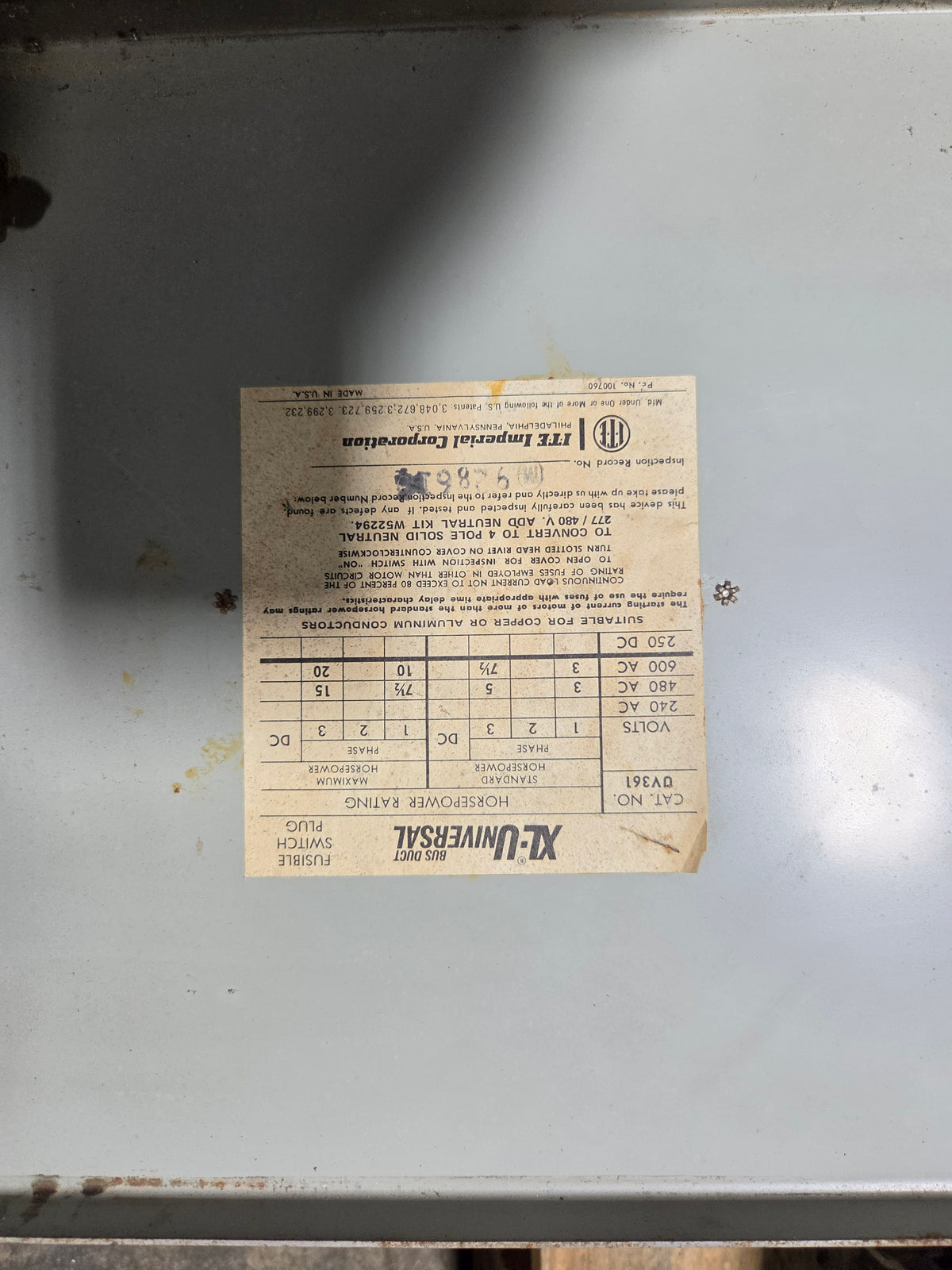 ITE UV361 XL-Universal Bus Plug Fusible Safety Switch 30A 600V Busway 3PH 3W
