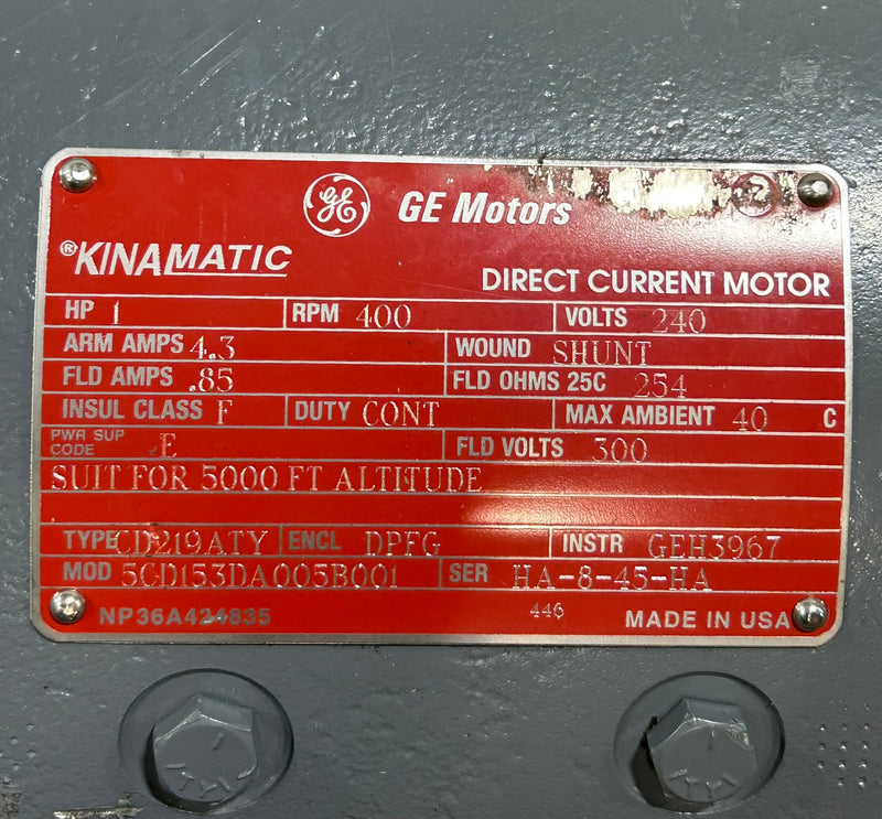 GE Motors 5CD153DA005B001 Kinamatic DC Motor 1HP 400RPM & Dings R71015-S Brake