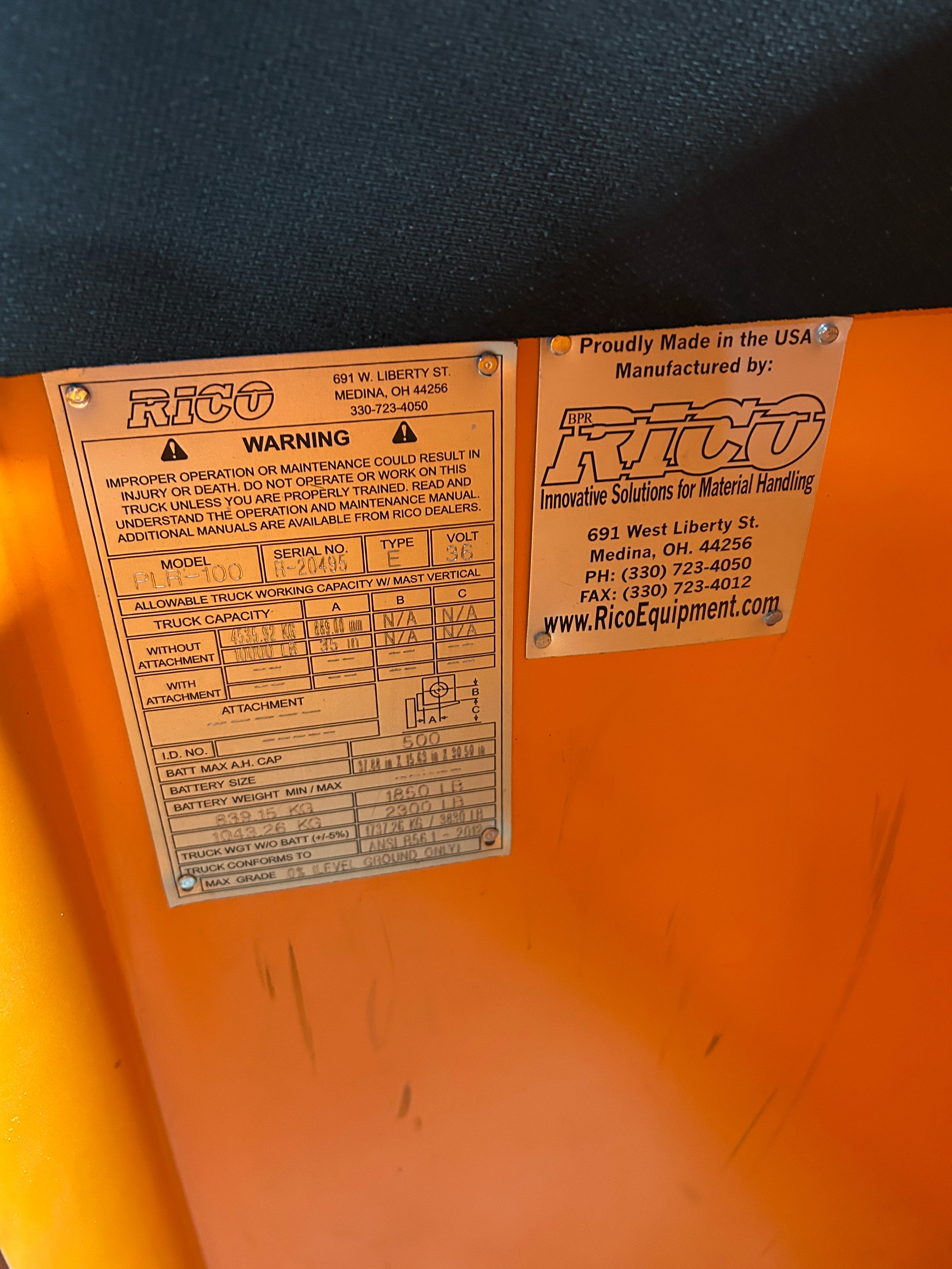 Rico PLR-100 Platform Lift Truck Stand-Up Electric 10,000 Lb 2587 Hrs 36V Type E
