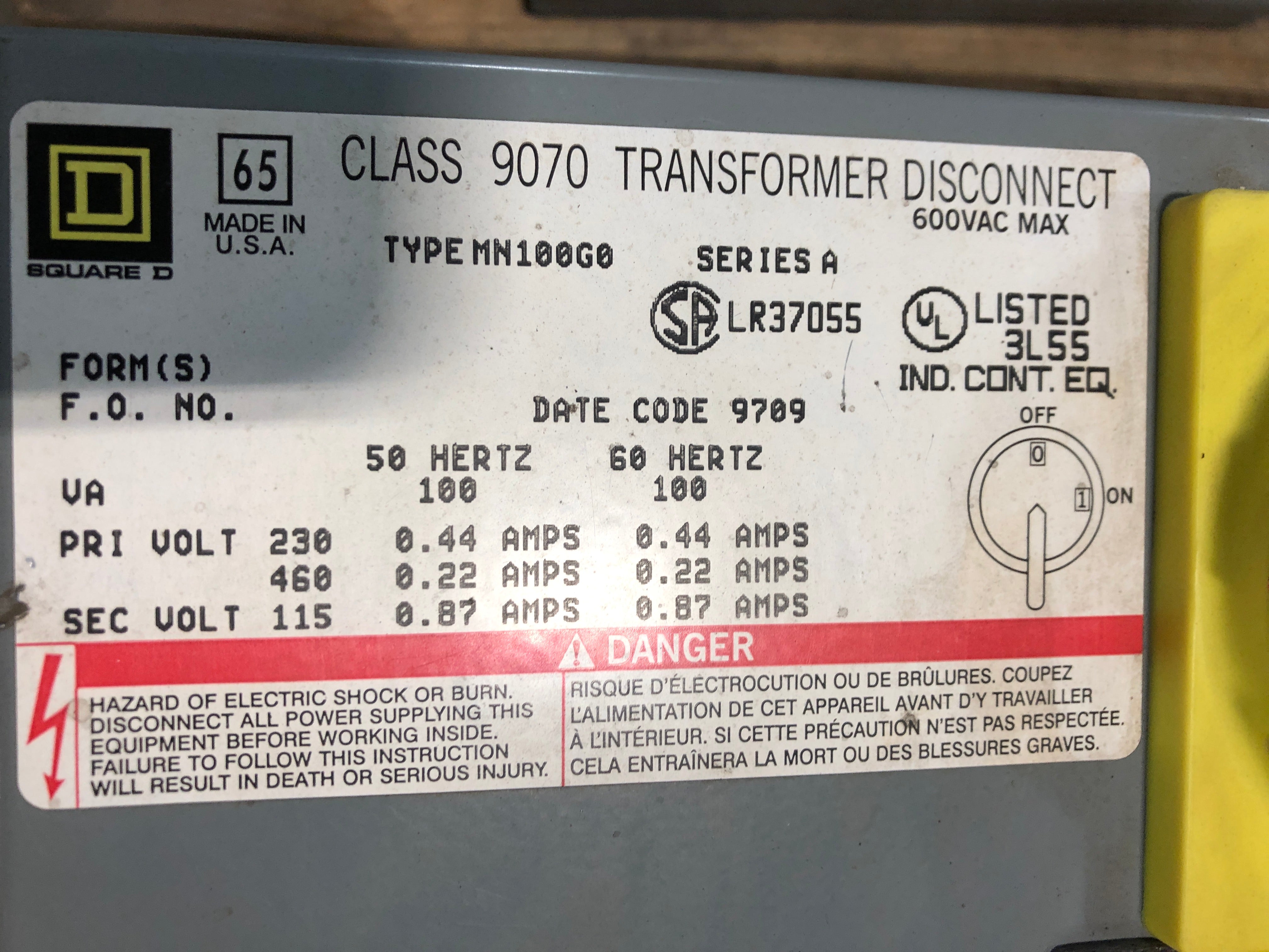 Square D MN100G0 Transformer Disconnect Switch Series A Class 9070