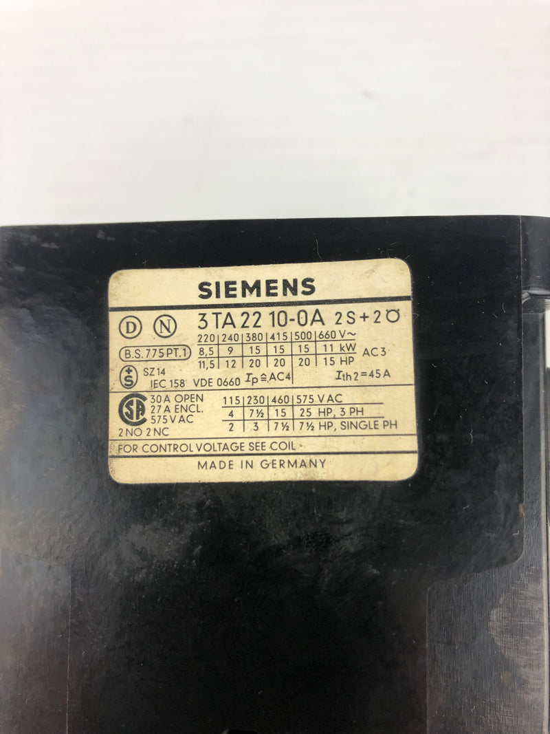 Siemens 3TA22 10-0A Contactor
