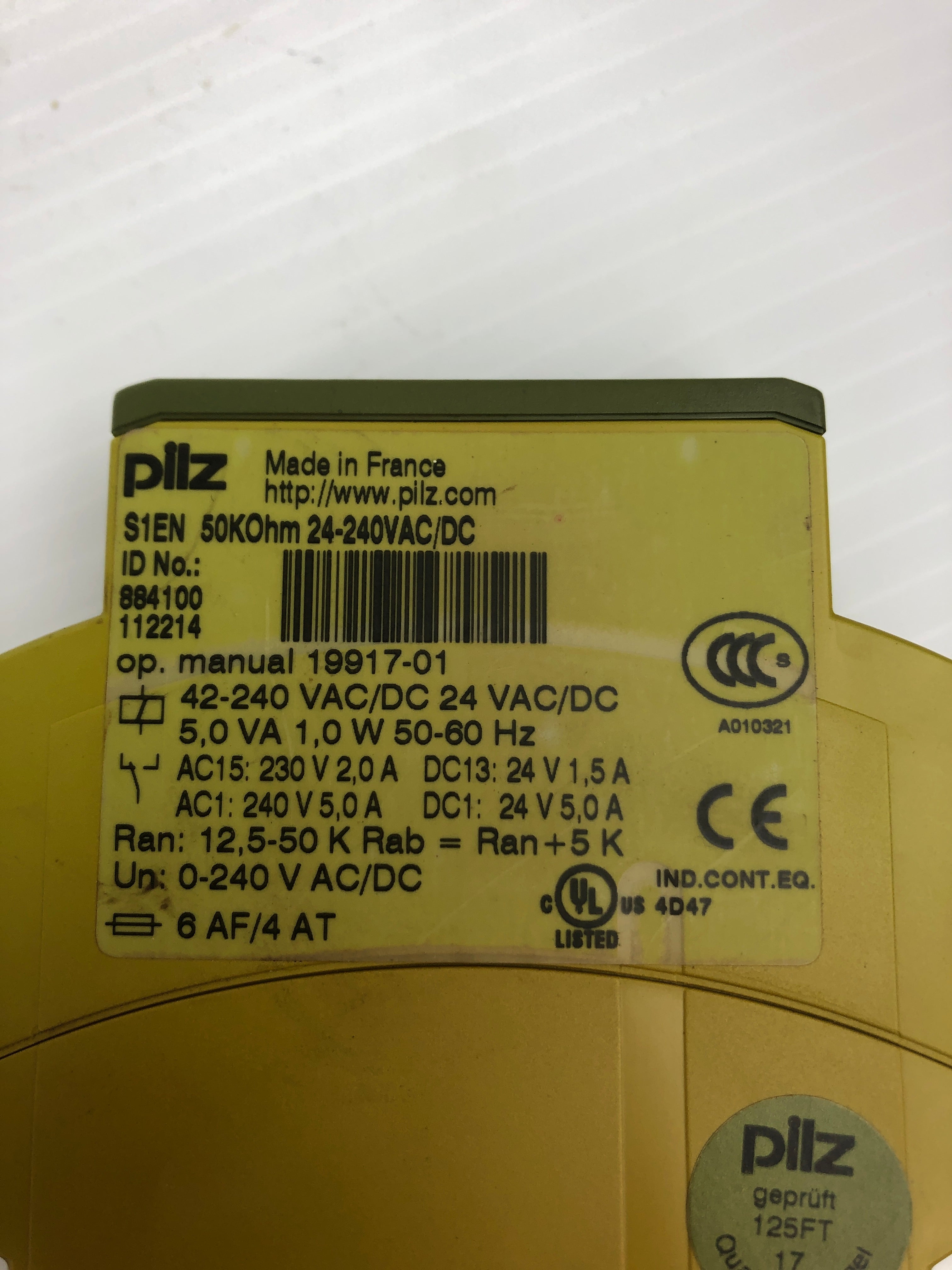 Pilz S1EN 50KOhm Safety Relay 24-240VAC/DC 50/60Hz 5,0VA 1,0W
