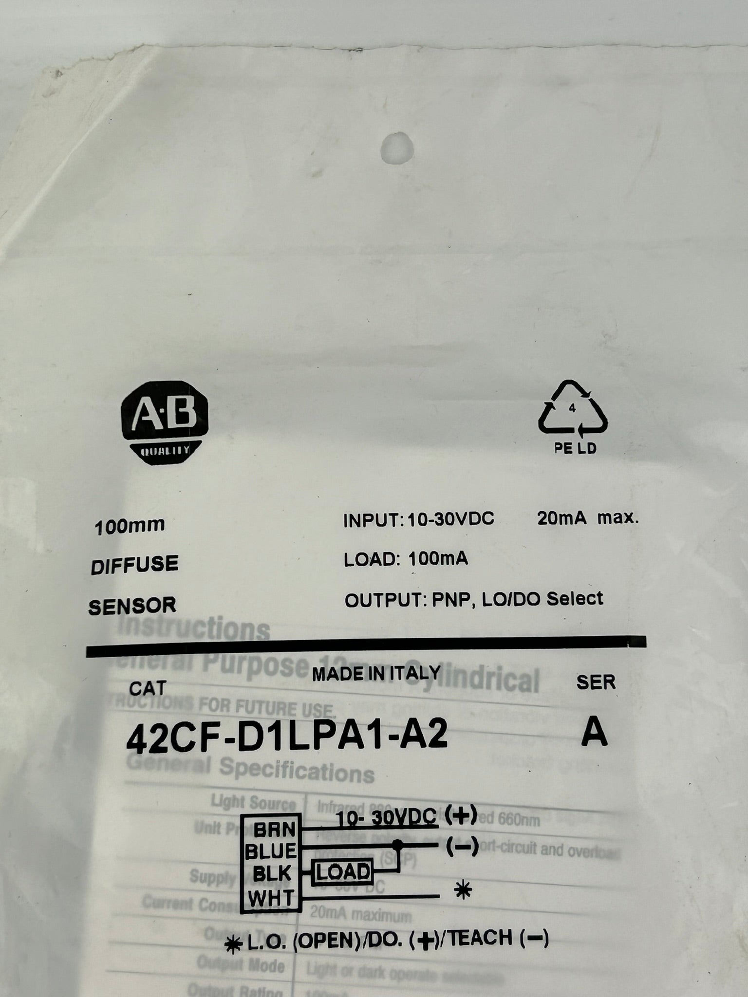 Allen Bradley 42CF-D1LPA1-A2 Diffuse Sensor 100mm Series A Photosensor