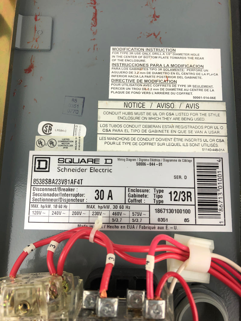 Square D 8538SBA23V81AF4T Fusible Combo Starter Box 30A Series D Type 12, 3R