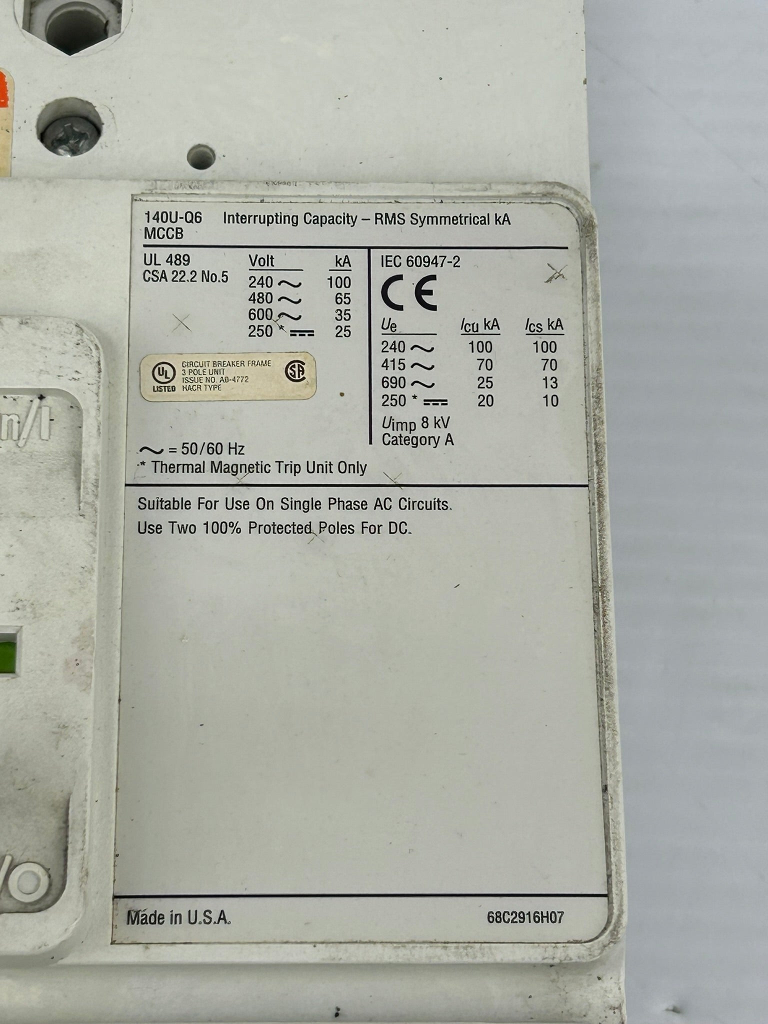 Allen Bradley 140U-Q6X3 Circuit Breaker Series A 3 Pole 600 Amps Max 140U-Q6