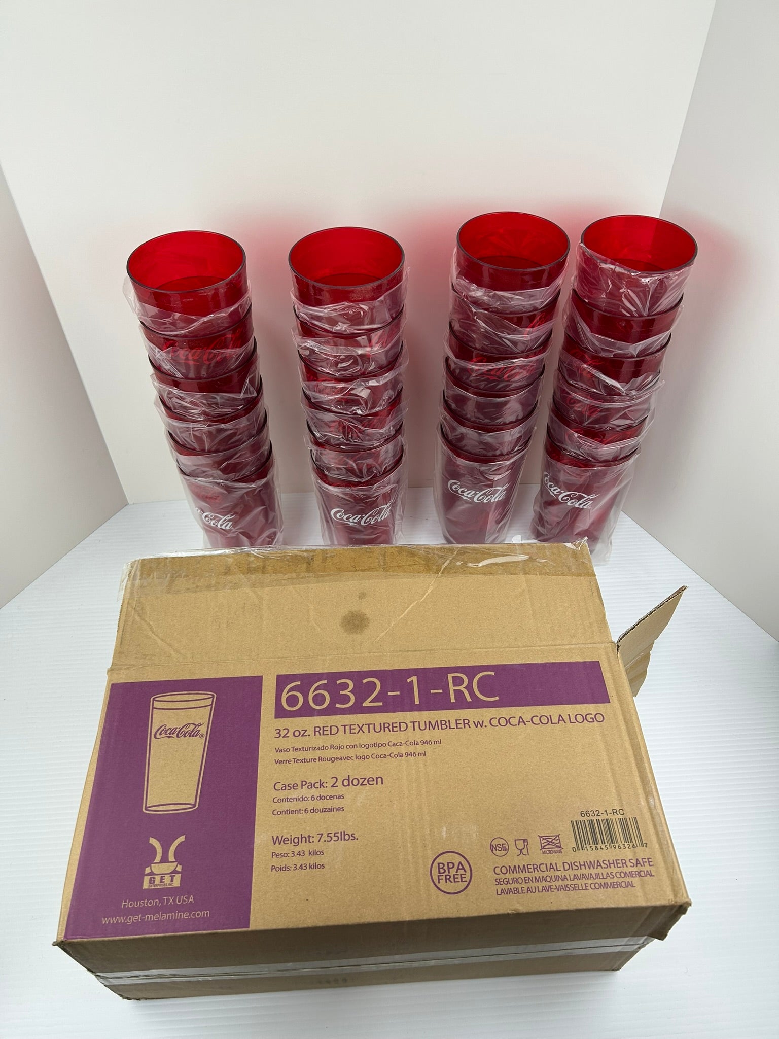 Coca-Cola 32oz Red Textured Cups Restaurant Tumbler GET 6632-1-RC - Box of 24
