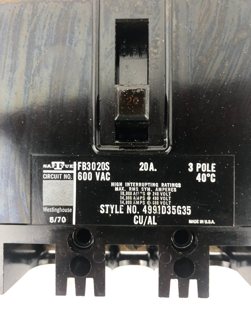 Westinghouse FB3020S Circuit Breaker 600VAC 20A 3P