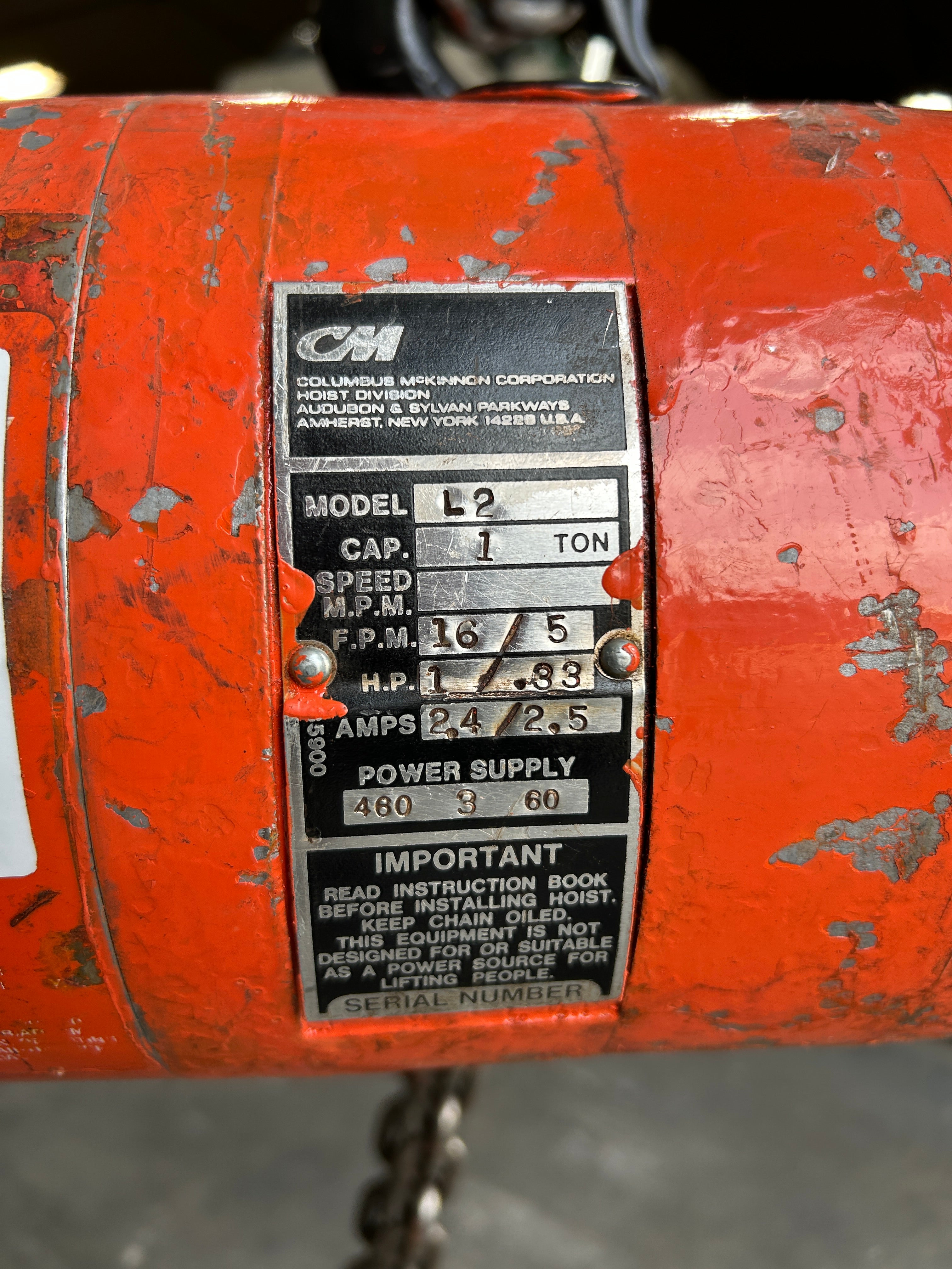 CM Lodestar L2 Chain Hoist 1 Ton 16/5FPM 1/.33HP 2.4/2.5A 1000kg 460V 3PH 60 Hz