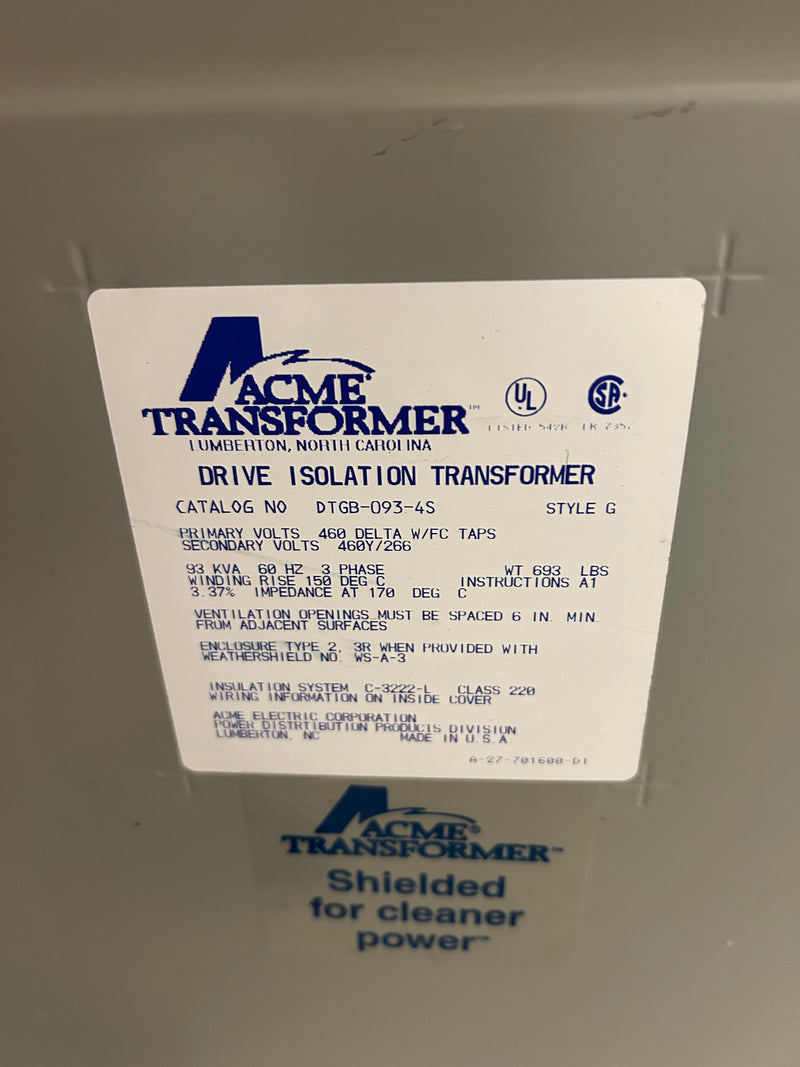 Acme DTGB-093-4S Drive Isolation Transformer Style G 93kVA 3PH 460V