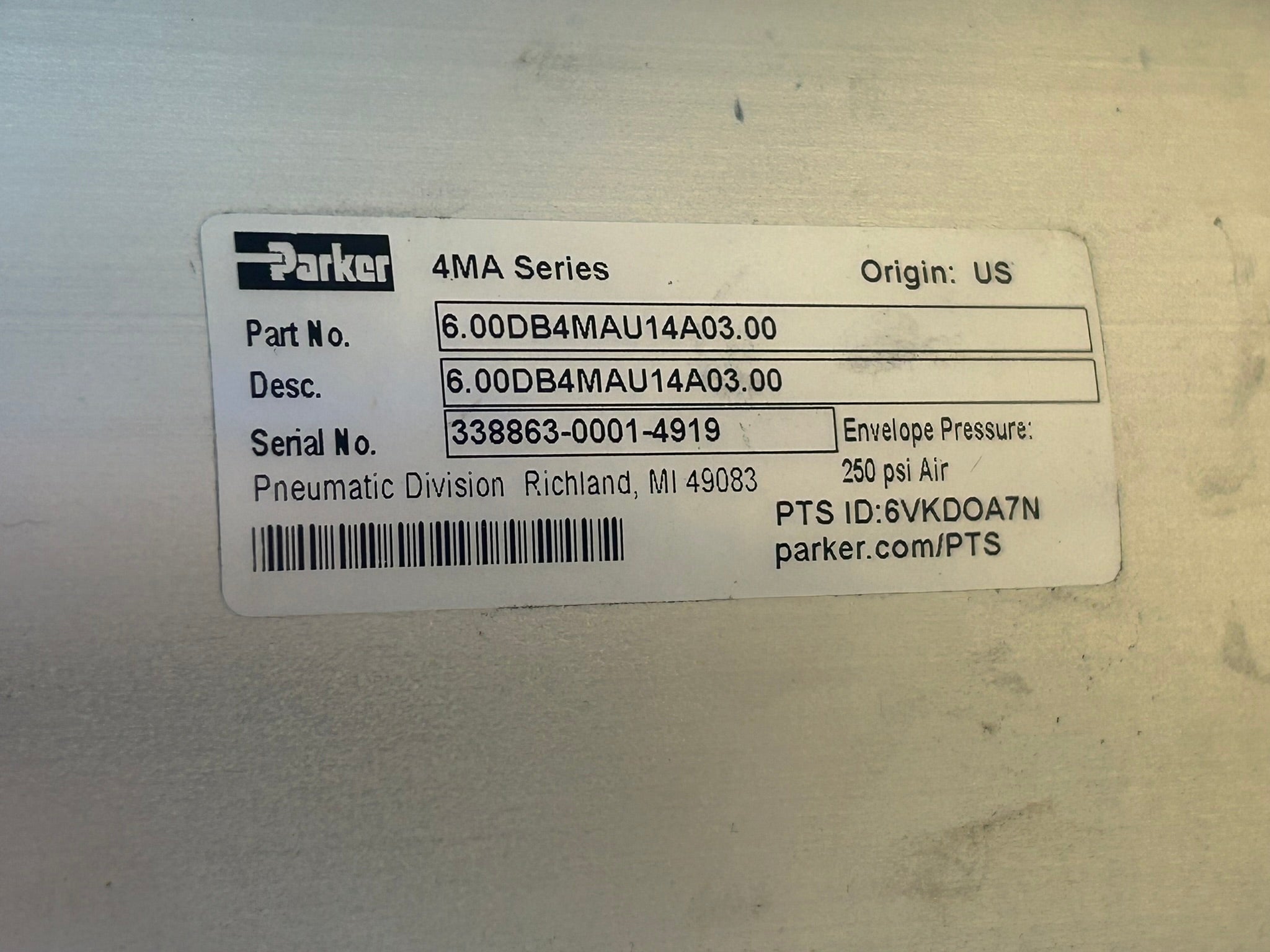 Parker 6.00DB4MAU14A03.00 Pneumatic Air Cylinder 4MA Series 250 PSI