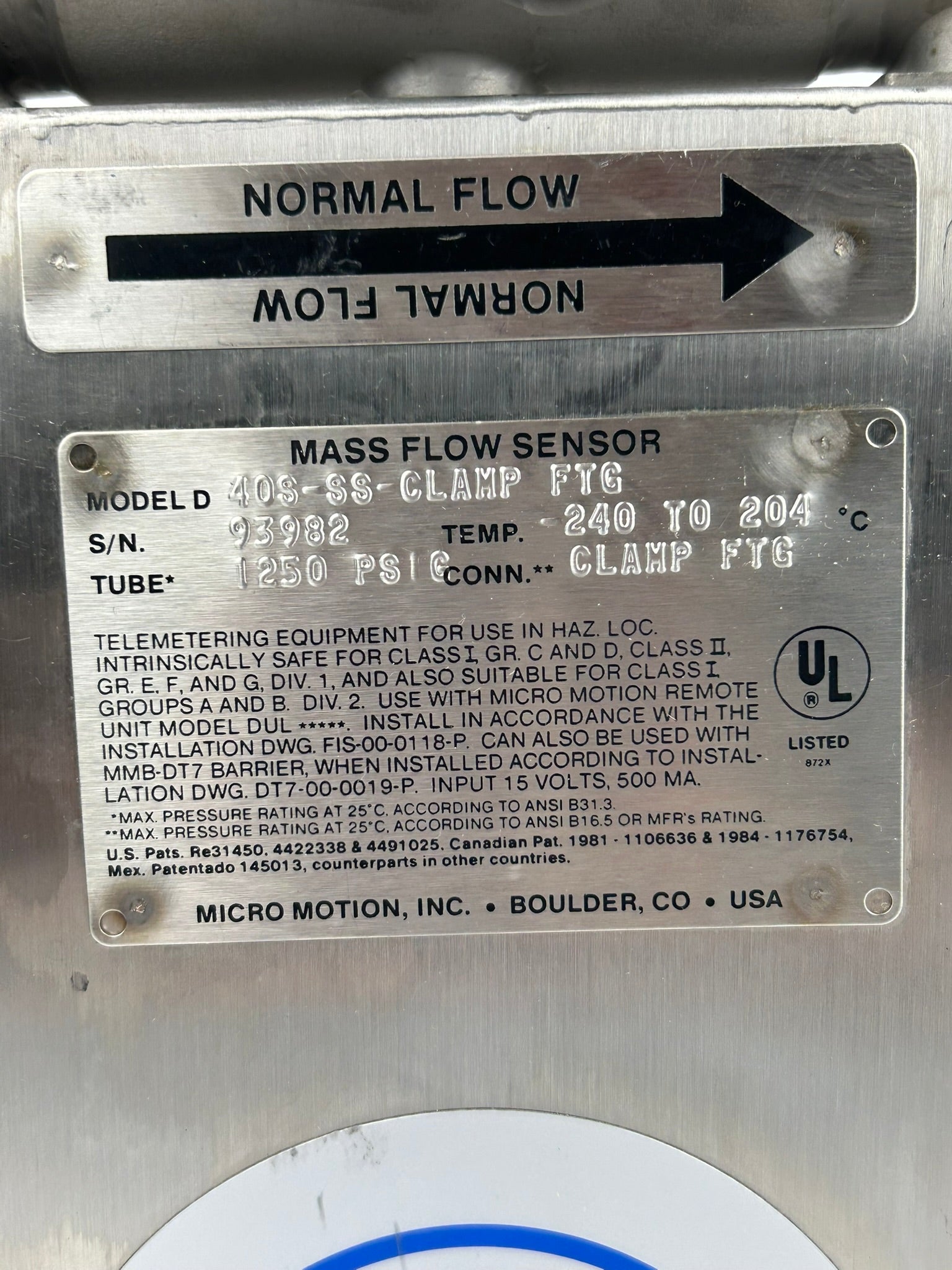 Micro Motion D40S-SS-CLAMP FTG Mass Flow Sensor 1250PSIG 15V 500mA