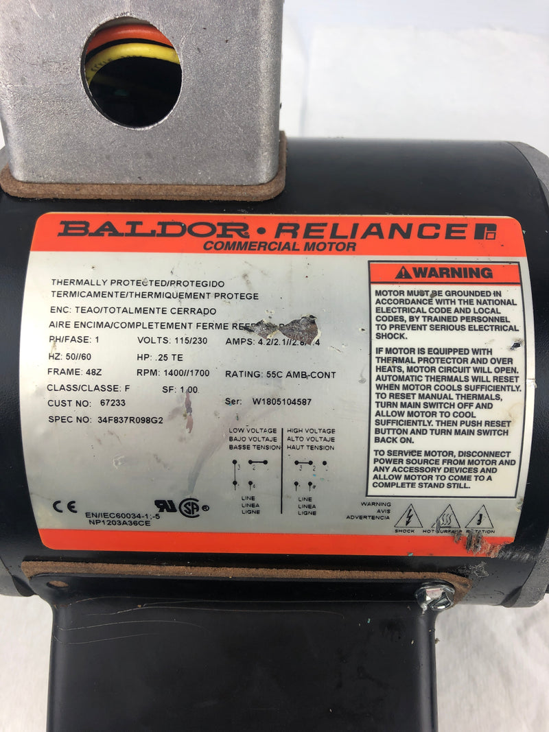 Baldor Reliance 25HP Commercial Motor 34F837R098G2 1400/1700 RPM 1PH 48Z
