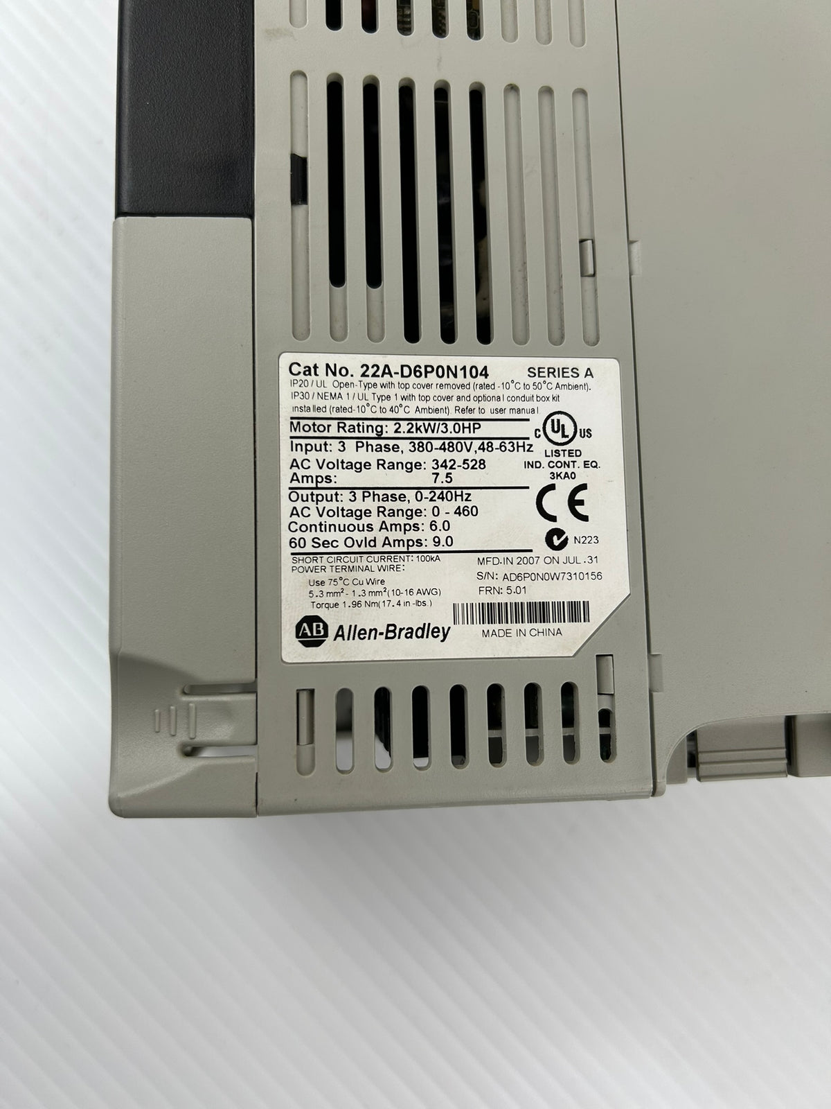 Allen Bradley 22A-D6P0N104 Powerflex 4 AC Drive Series A 3HP 480V 3PH