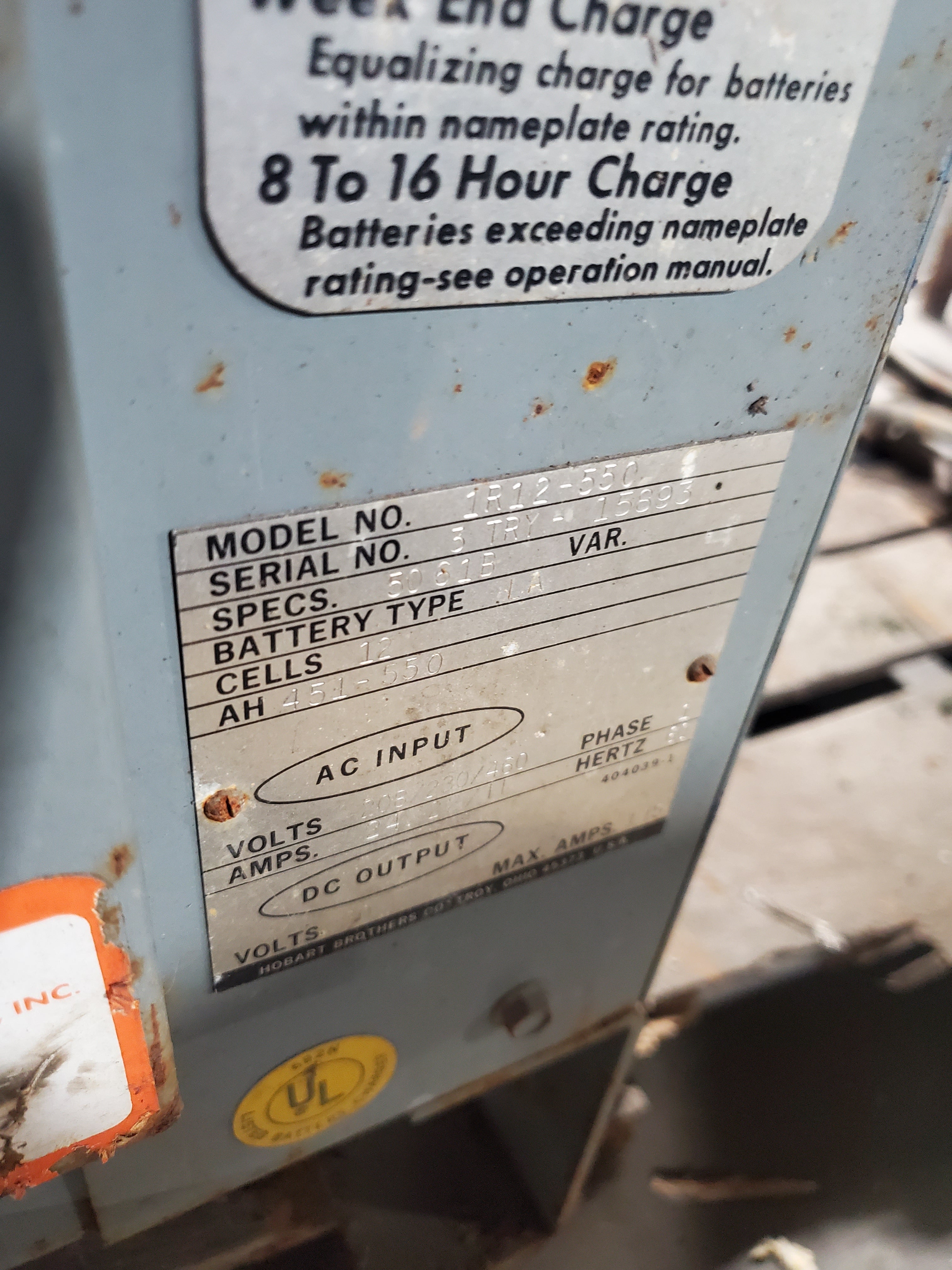 Hobart 1R12-550 Forklift Battery Charger 12 Cells, LA Type, 5061B Specs