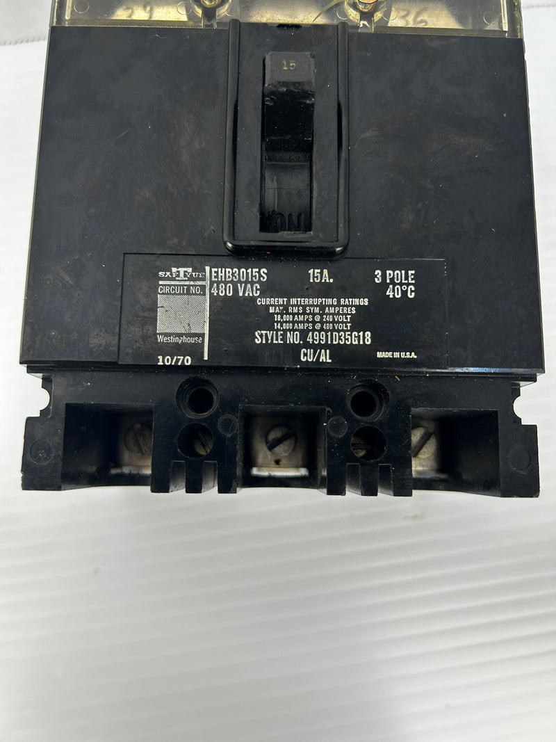 Westinghouse EHB3015S Circuit Breaker 15A 3P 480VAC