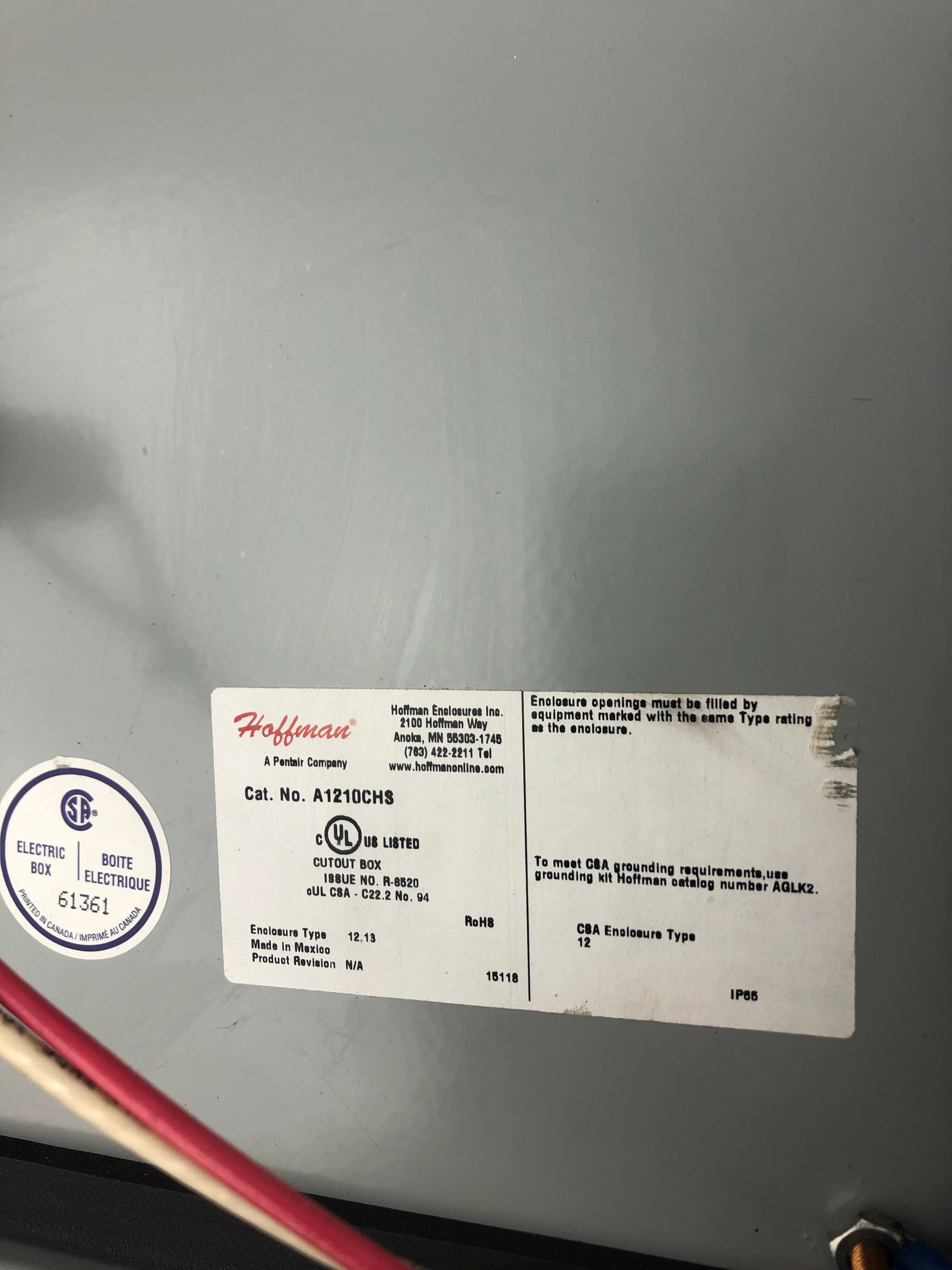 Hoffman A1210CHS Electrical Enclosure 10-1/2" x 12-1/2" Type 12,13 with Switch