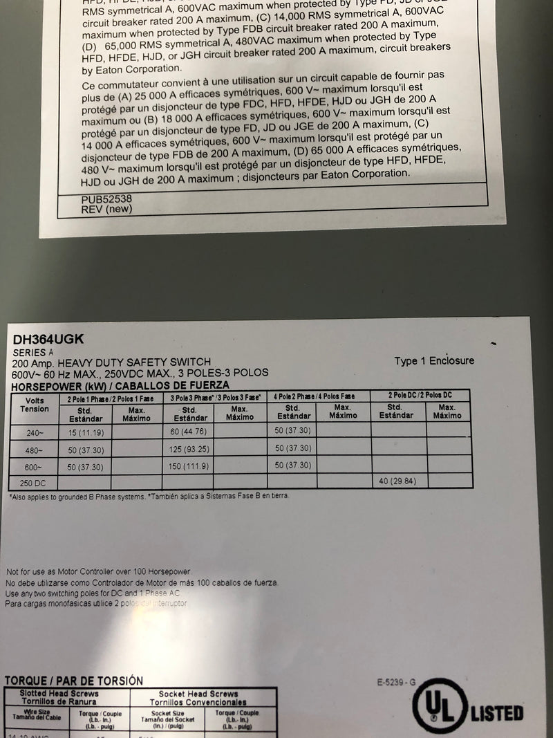 Eaton Heavy Duty Safety Switch DH364UGK Series A 200A 600V 3P