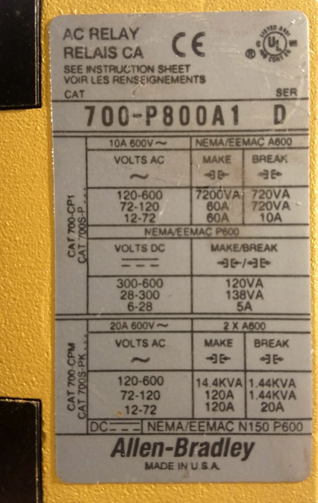 Allen-Bradley 700-P800A1 AC Relay Series D Direct Drive 12 Pole 120VAC