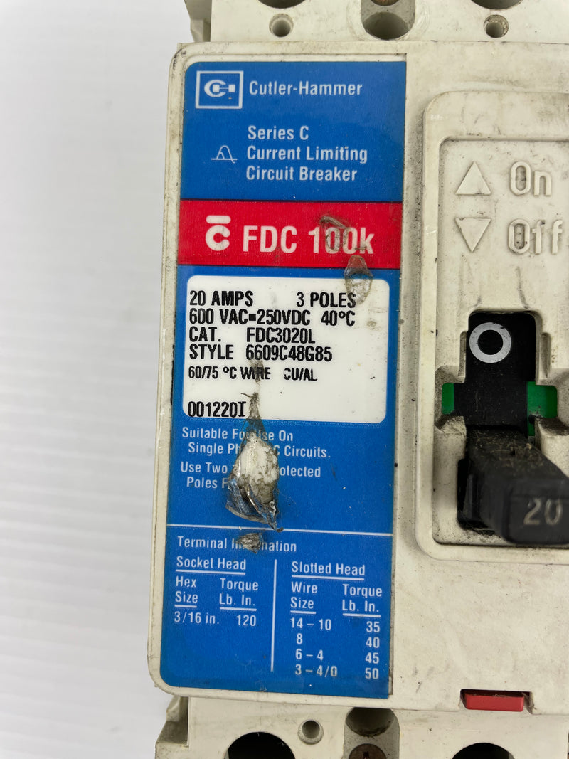 Cutler-Hammer FDC3020L Circuit Breaker 3-Pole 20A