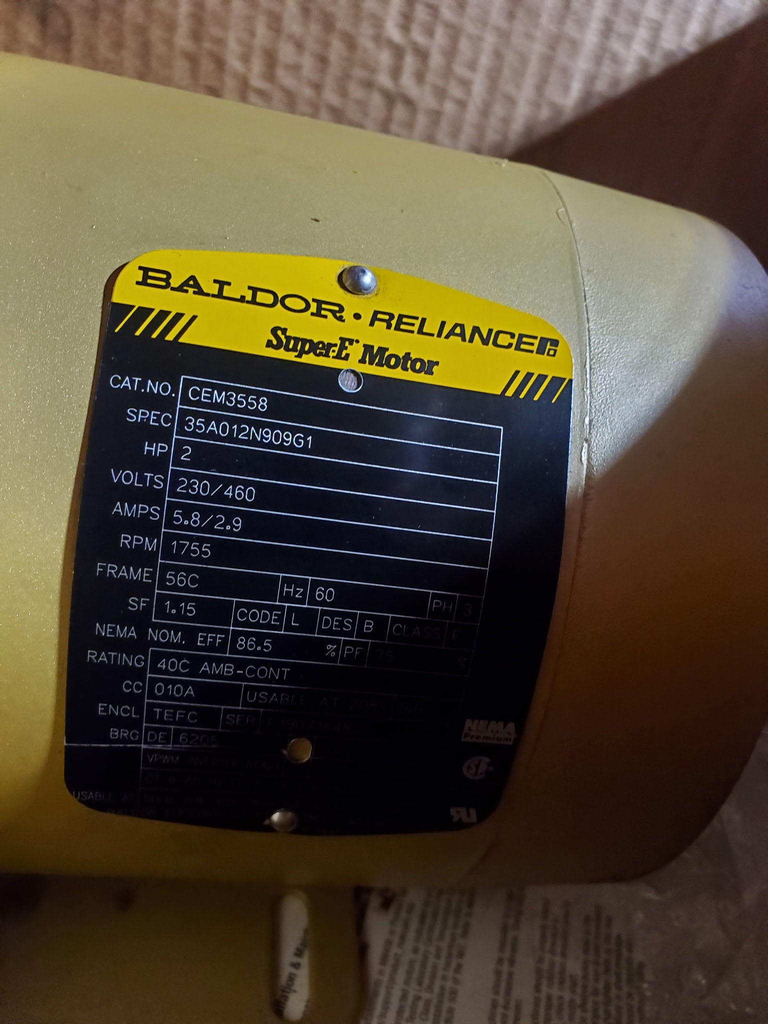 ABB Baldor Reliance CEM3558 Super-E 2HP 3PH TEFC 56C 230/460V Electric Motor